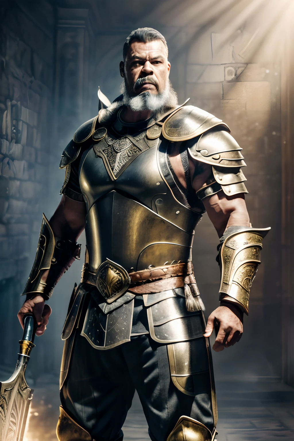 guttojugg1, (Masterpiece), (Extreme), (Super detailed), (Full Body), a Viking in golden armor, wielding a shield in his left hand and a hammer in his right hand coming out of rays, full body image, futuristic detailed background, strong man, radiating a golden light of armor, muscular, showing the abdominal muscles, abdominal muscles to show, in position of attack, expression with anger,  Show the shield in detail