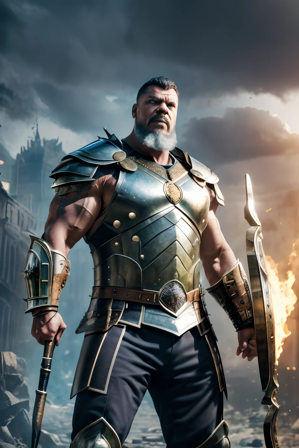 guttojugg1, (Masterpiece), (Extreme), (Super detailed), (Full Body), a Viking in golden armor, wielding a shield in his left hand and a hammer in his right hand coming out of rays, full body image, futuristic detailed background, strong man, radiating a golden light of armor, muscular, showing the abdominal muscles, abdominal muscles to show, in position of attack, expression with anger,  Show the shield in detail