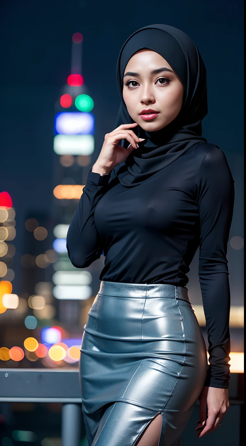 1 malay girl , modern plain hijab, shy, medium portrait shot , watery eyes , Beautiful, Amazing face and eyes, (extremely detailed beautiful face), (the most sexy look), (big breasts), (Best Quality:1.4), (Ultra-detailed), (extremely detailed CG unified 8k wallpaper), Highly detailed, raw photos, Professional Photography, ((Business Suit)), (tight skirt), (Business shirt with open), Outdoors, (business district, night city, illuminations), (night sky), depth of fields,