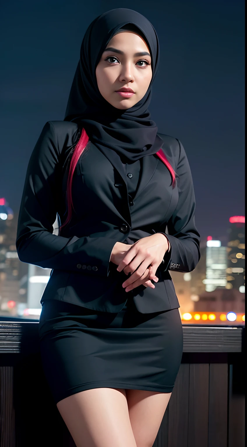 1 malay girl , modern plain hijab, shy, medium portrait shot , watery eyes , Beautiful, Amazing face and eyes, (extremely detailed beautiful face), (the most sexy look), (big breasts), (Best Quality:1.4), (Ultra-detailed), (extremely detailed CG unified 8k wallpaper), Highly detailed, raw photos, Professional Photography, ((Business Suit)), (tight skirt), (Business shirt with open), Outdoors, (business district, night city, illuminations), (night sky), depth of fields,
