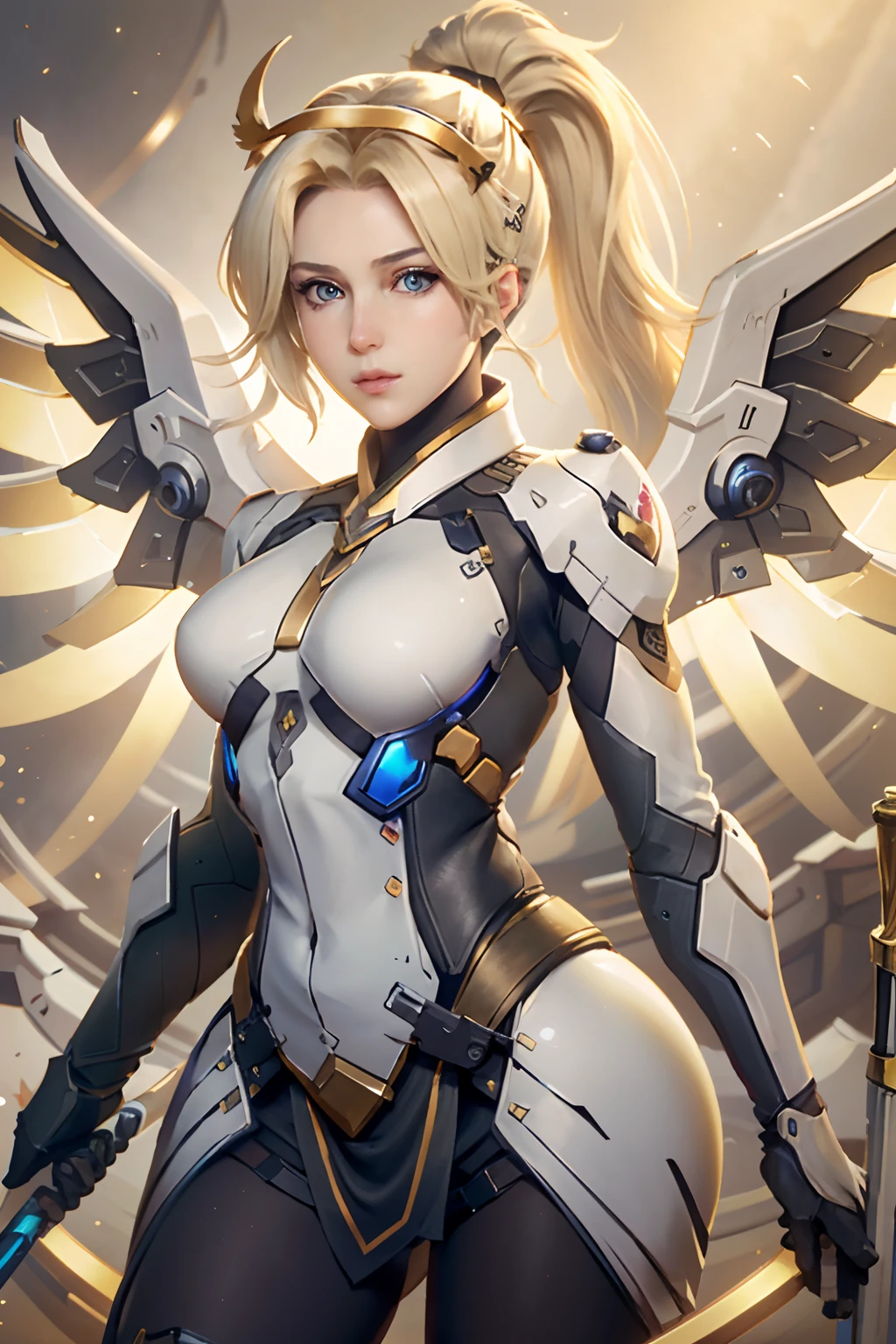 MercyOver, 1girl, mercy (overwatch), mechanical wings, mechanical halo, solo, blonde hair, wings, blue eyes, halo, staff, yellow wings, breasts, bodysuit, holding, upper body, lips, looking at viewer, holding staff, medium breasts, spread wings, glowing wings, nose, high ponytail, ponytail