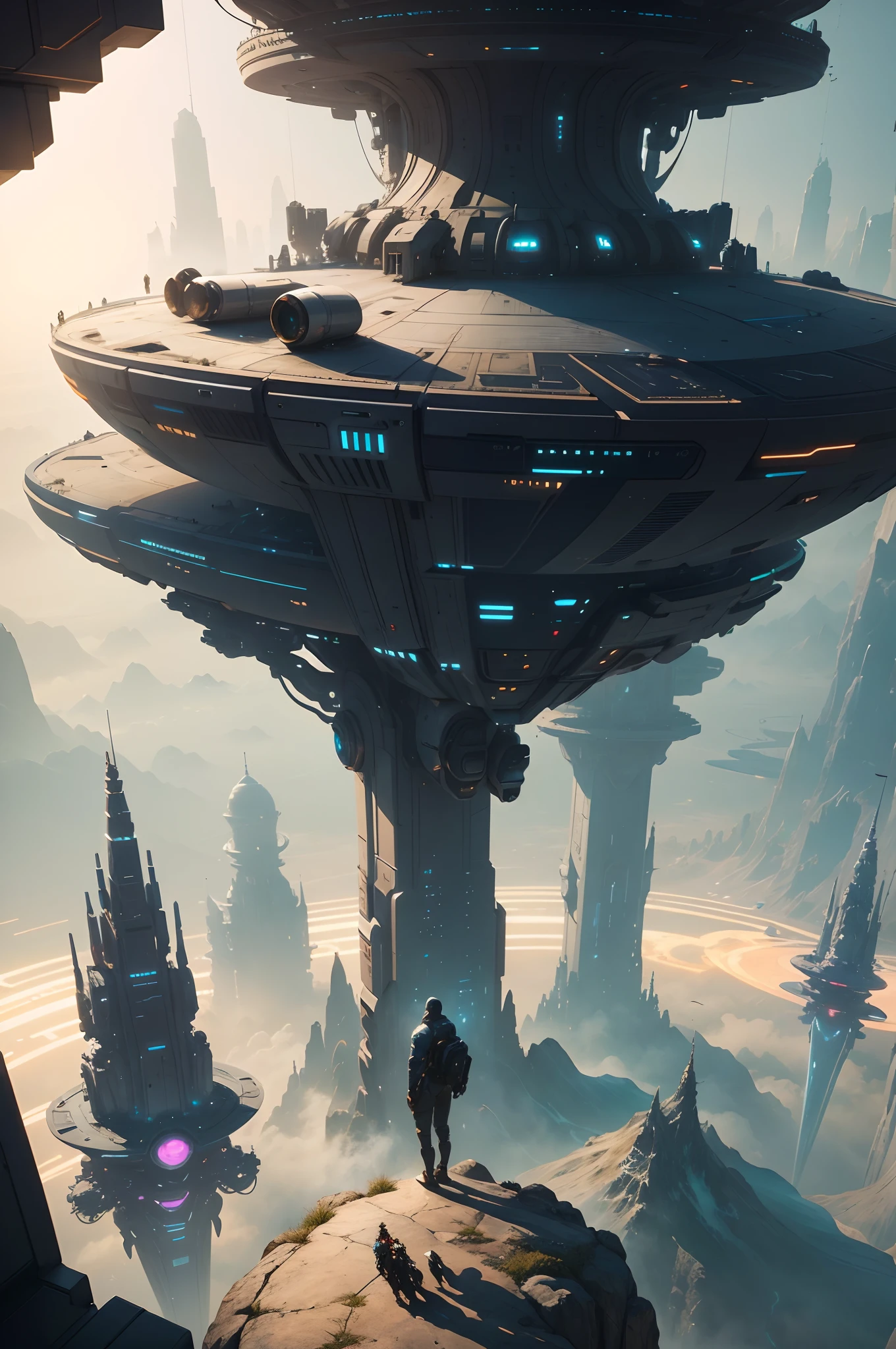 spaceship flying over a futuristic city with a man standing on top of it, concept art inspired by jessica rossier, cgsociety contest winner, retrofuturism, award winning scifi art, sci-fi illustrations, sci - fi illustrations, science fiction concept art, sci-fi fantasy art, detailed sci-fi art, beautiful sci fi art, science fiction art, sci fi artwork