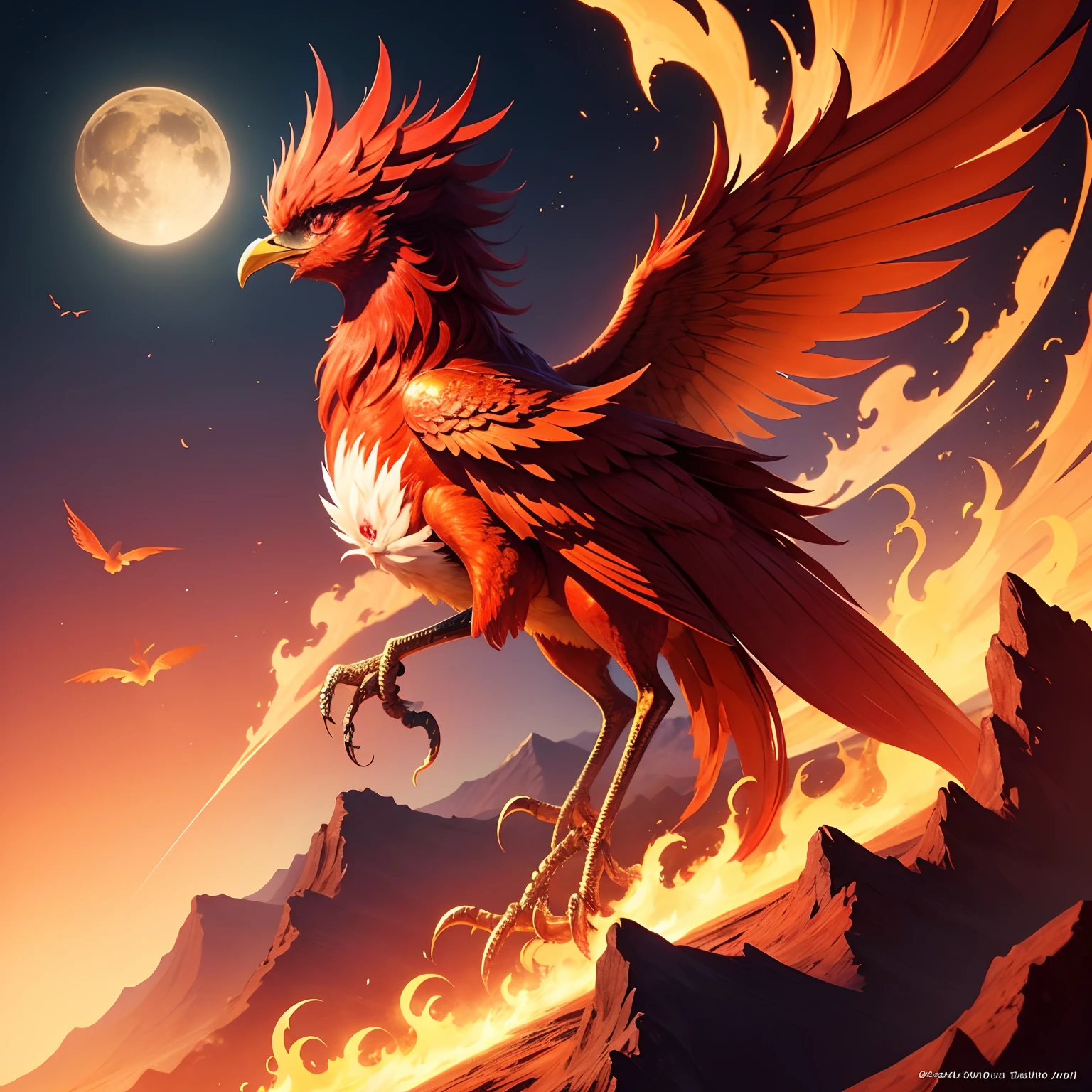 Suzaku in the shape of a bird，With a little phoenix feeling。，The whole just felt the impact effect，Mainly red，Mountains and views