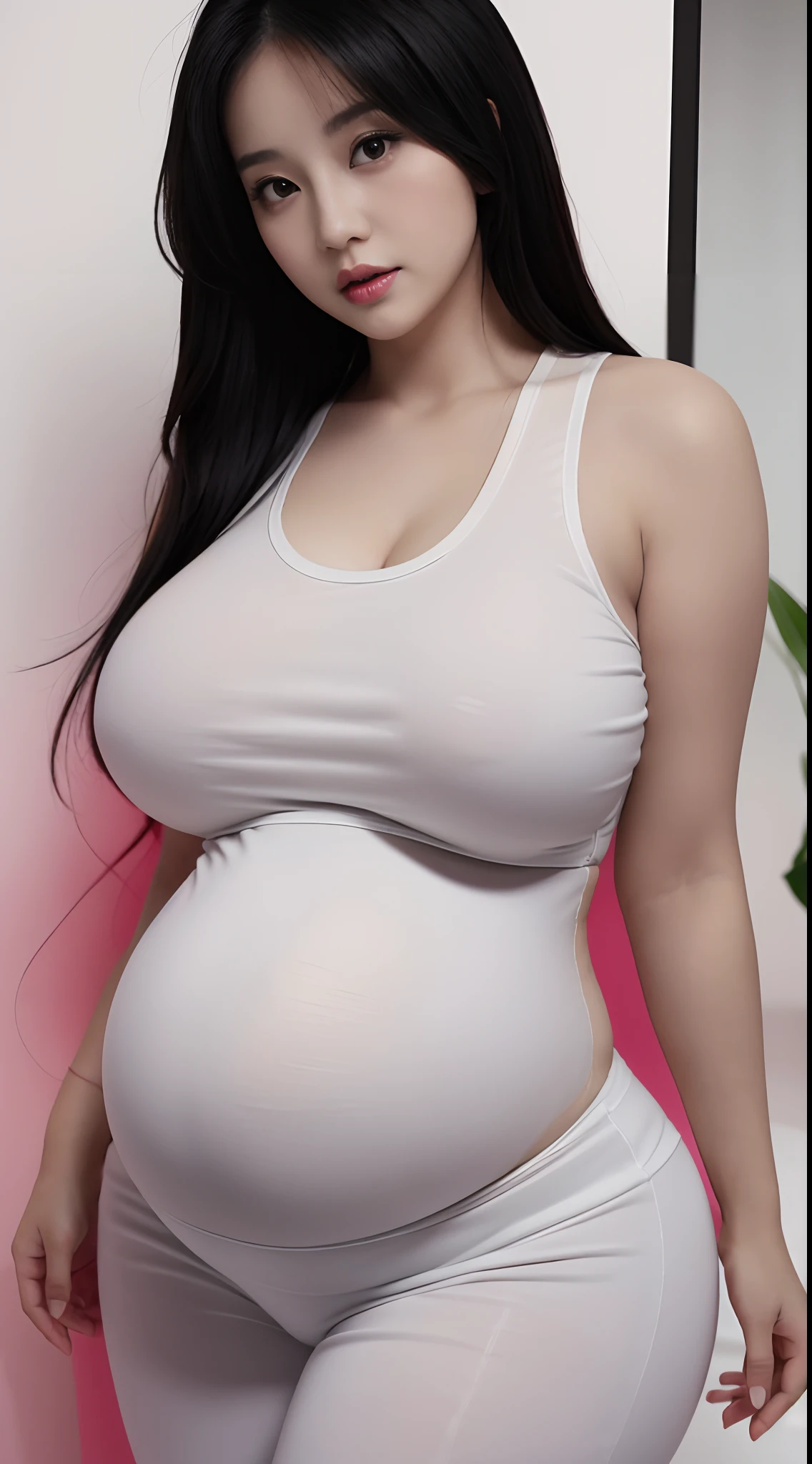 a pregnant woman in a white tank top and black pants, pregnant belly, she has a jiggly fat round belly, her belly is fat and round, pregnant, sie boob, with a large breasts, with large breasts, bouncy belly, japanese goddess, sultry body with sexy belly, korean woman, beautiful asian girl, thicc, pregnancy, japanese model