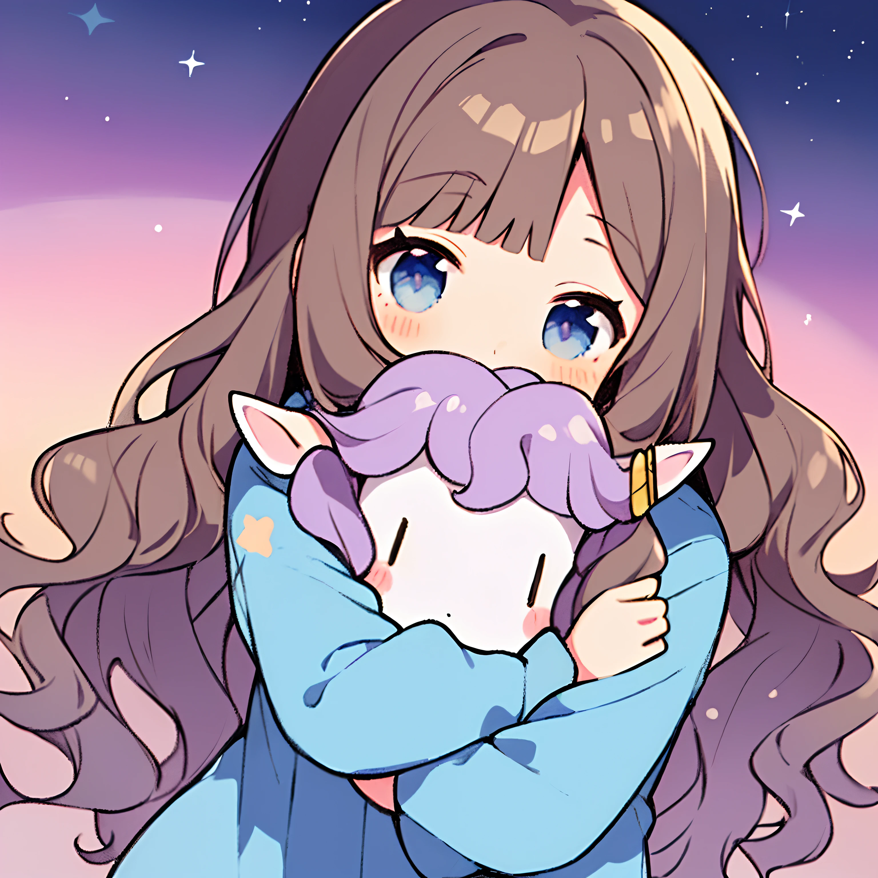 ((unicorn)), ((medium head)), (( proportionate)), chibi:1.5, pastel colors, kawaii, cute colors, masterpiece, 💖💫, hugging a chibi unicorn, night sky, (1girl with wavy brown hair:1.3), nightgown, pajama style, pastel purple sky, blue inner hair