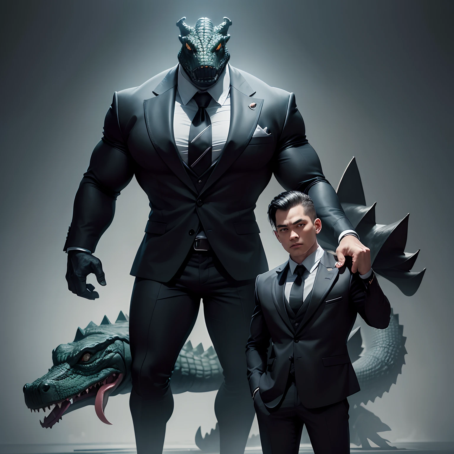 Humanoid crocodile muscled , with a crocodile's head black with a tail with 2 huge arms , in suit with a tie , full body