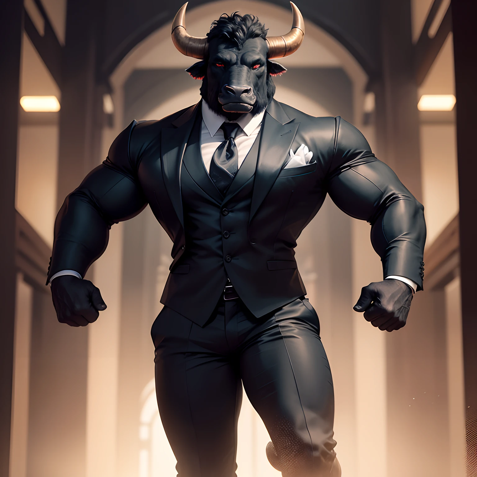 Humanoid  bull muscled ,  with a bull's head black with  a tail with 2 huge arms ,  in suit with a tie , full body