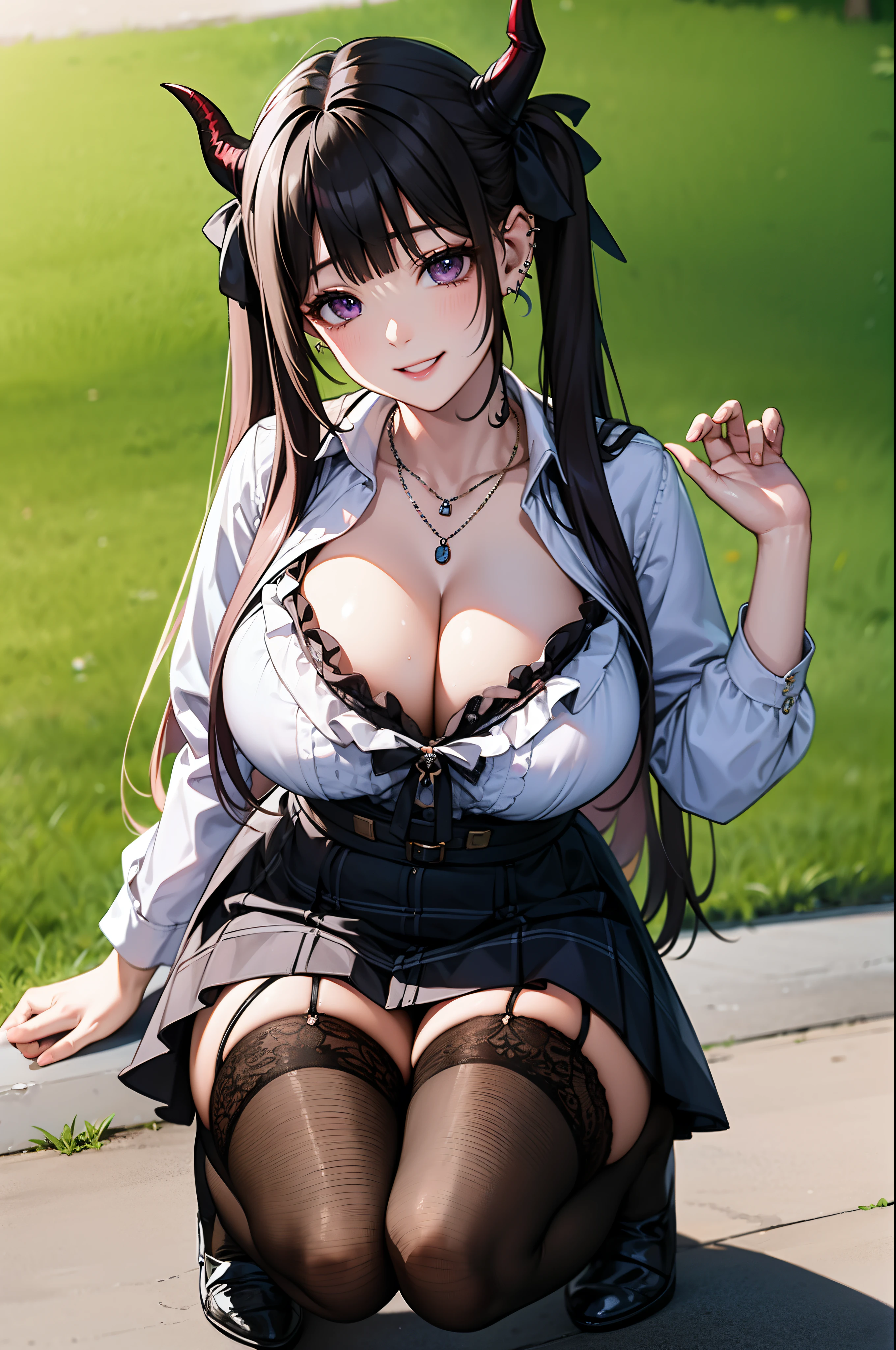 masterpiece, best quality, highres, hs1, light purple eyes, wide hips, thick thighs upskirt, long sleeves, cleavage, long brown hair, twin tails, blunt bangs, streaky hair, pink cardigan, black thighhighs, micro skirt, plaid skirt, red ribbon, garter straps, huge breasts, outdoors, cowboy shot, squatting, panties, smile, looking at viewer, thick thighs, jirai kei, street view, sakura, succubuss horns, necklaces, ear piercings