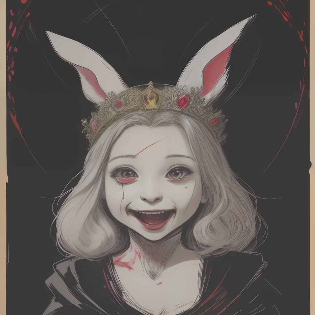 Children's Picture Book Illustration、King of Thrones、The king facing the front、White rabbit、Bipedal、Humanification of the rabbit、3 head body、Setting image、2 rabbit ears、colored illustration、Composition materials、Colorful colors、Deformed rabbit、18th century French clothing、horor　Scary face　in isekai　Dark　Kitchen knife　Return blood