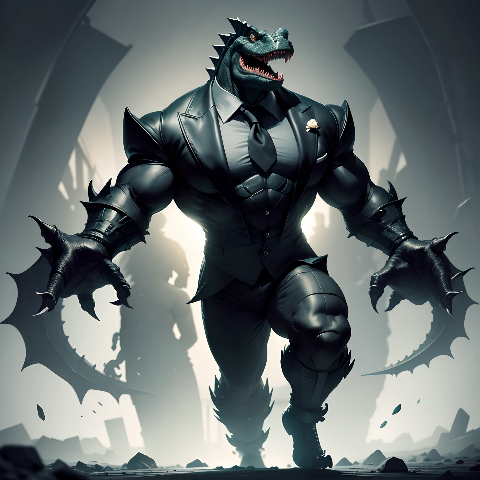 Humanoid  crocodile muscled ,  with a crocodile's head black with  a tail with 2 huge arms ,  in suit with a tie , full body
