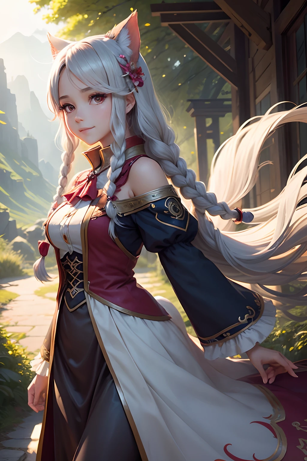 high resolucion, (Official Art, Beautiful and aesthetic: 1.2), Close the view, A vast world, girl, running, Refreshing smile, Distant horizon, woods, natural beauty, inspirational, lighting effects, ahri, silver hair, Red Eyes, league of legends,the anime ,anime eyes, Bell hairpin, shaman, full shot, Mild, Sketch Extensive background, A Gumiho, French Braids hair