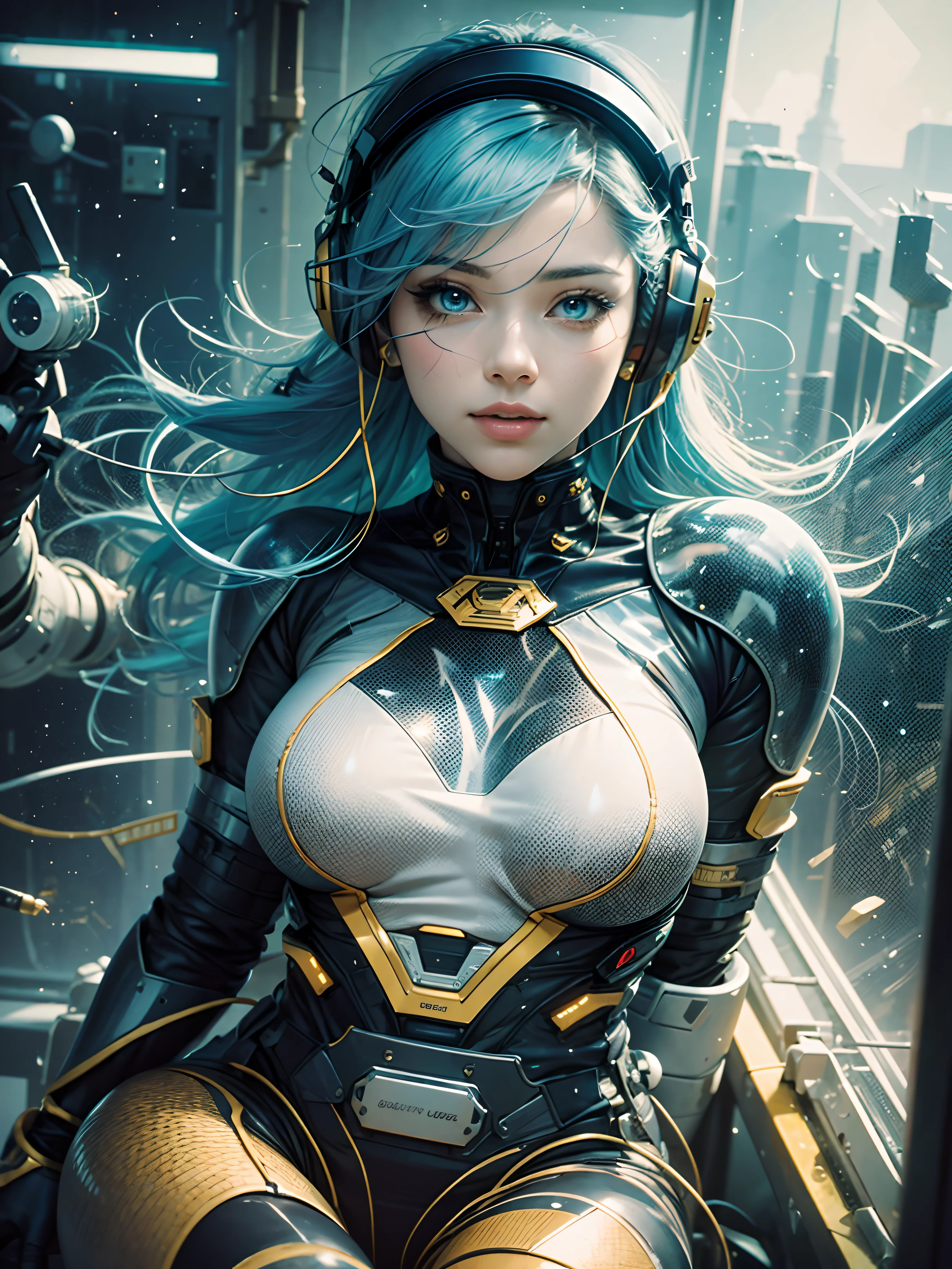 full - body, Blue hair, blunt of, Masterpiece, Top Quality, official arts, an album cover, очень проработанные обои CG Unity 8K, Single Woman, Woman from Japan, full - body, Super High Resolution, (Photorealistic: 1.4), Dynamic Angle, dynamicpose, Mystic Power, particles floating, reflection, So cute, sparkling blue eyes, golden hour lighting, Pilot suit in white, blue and black, close-fitting clothes, The clothes, covering the whole body, knee boots, (swollen eyes), The viewer is watching, front, beautiody, Average Breasts,, shirt lift, metal wire, shapely body, Gloves at arm's length, Anime Heroine, gentle smile, earphones, shelmet, Detailed robot cab, Super futuristic space