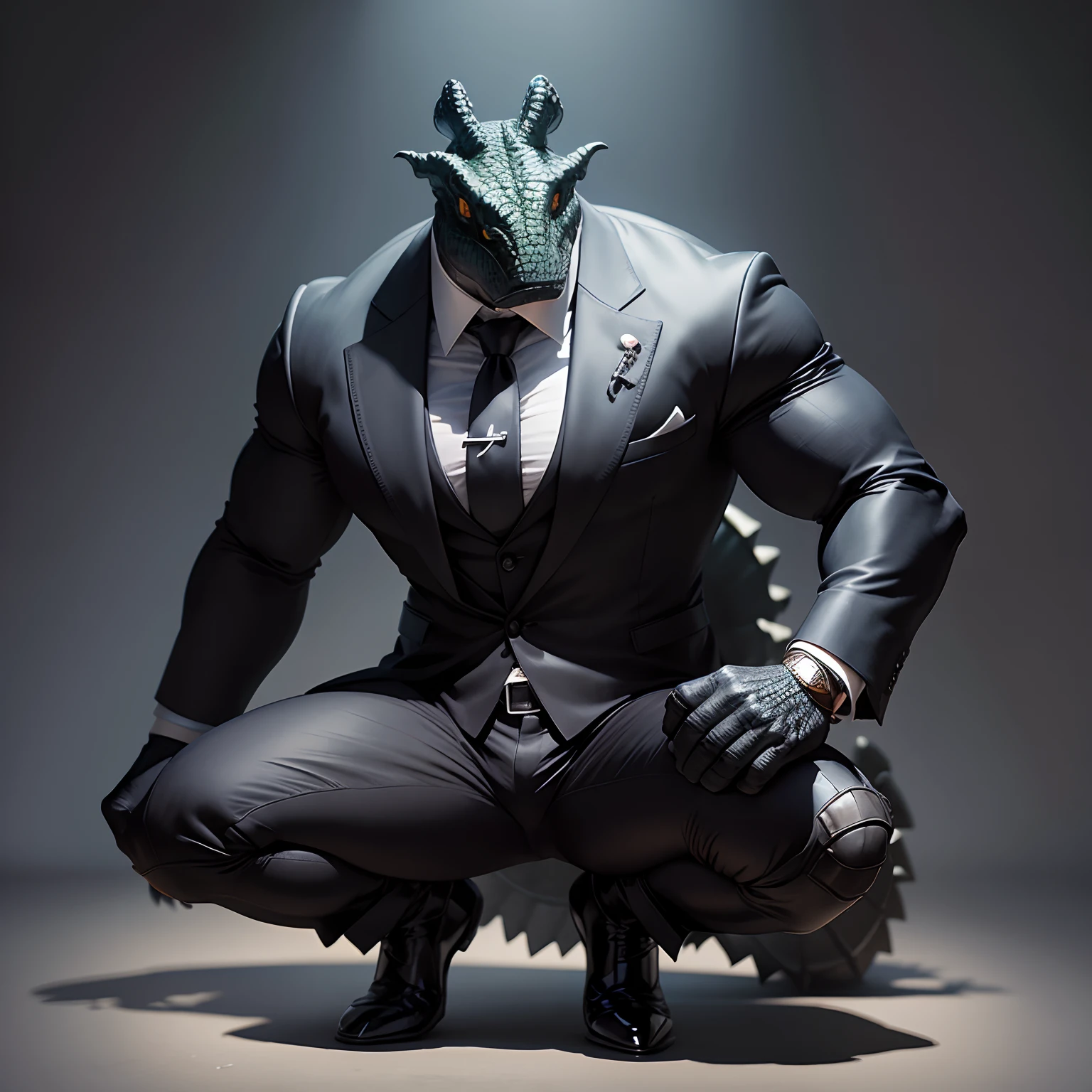 Humanoid crocodile muscled , with a crocodile's head black with a tail with 2 huge arms , in suit with a tie , full body