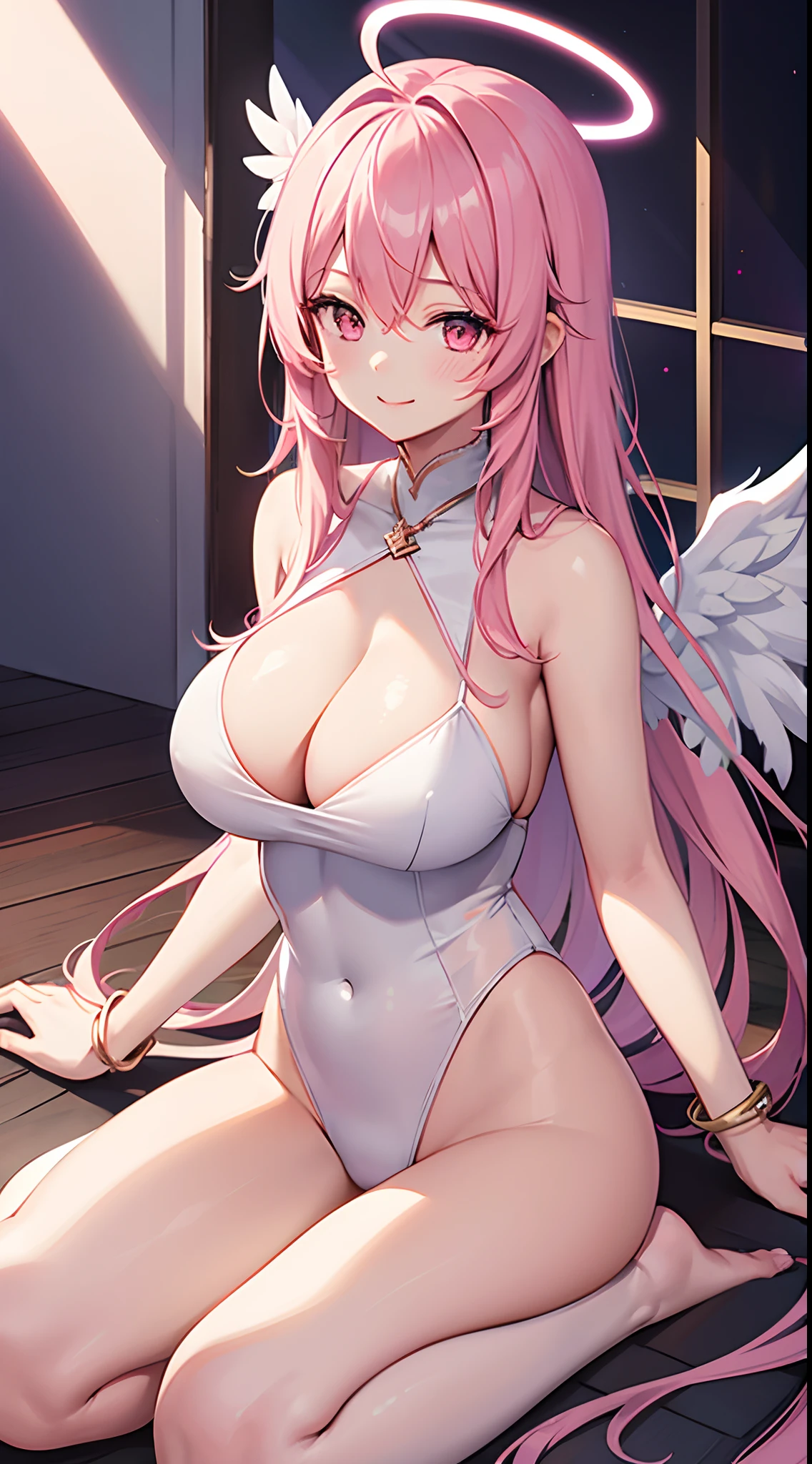 1 girl, game CG, 1 girl, game CG, see-through white leotard, cleavage visible, angel halo, angel wings, bangles, gigantic breasts, pink hair, long hair, straight hair, ahoge, pink eyes, temple, smile, dynamic,