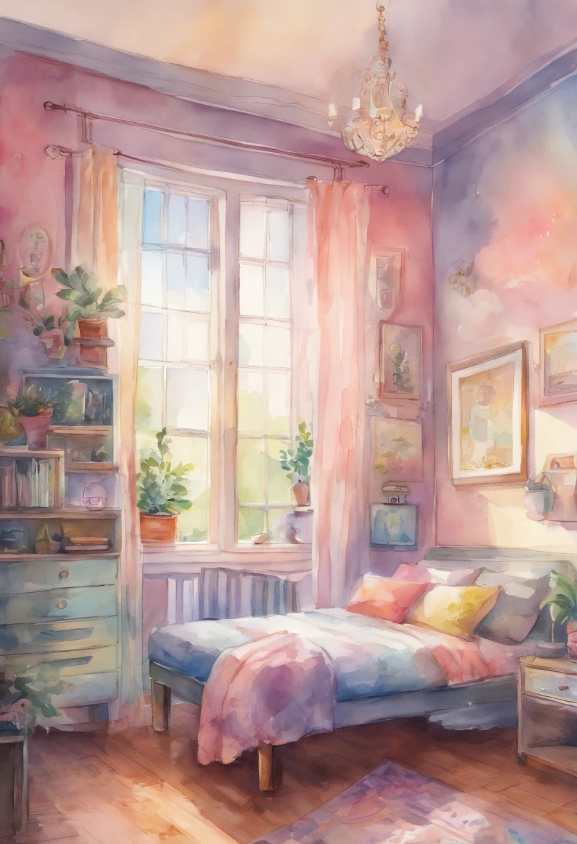 anime background,90s age bedroom , semi realistic, ring lighting , prismatic, cinematic,pastel
