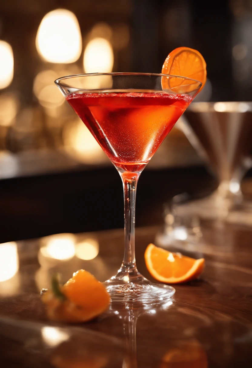 "Use the SeeArt tool to create an exceptional poster showcasing a cocktail "Cosmopolitain" Red served in a well-chilled martini cocktail glass, Ice-free, with an orange zest as a garnish. Appliquez des filtres pour rendre le verre, le cocktail, and orange zest as realistic as possible. Make sure the martini glass appears to be at the ideal temperature, subtly reflecting condensation.

Optimize the quality of textures and reflections to give the martini glass a crystal clear look. Use an elegant background that evokes the sophisticated vibe associated with the "Cosmopolitain". The goal is to create a visually captivating poster that showcases the cocktail's distinctive color, Orange zest as an attractive decorative element, and gives the impression that the cocktail is ready to be enjoyed with striking realism, while capturing the essence of Martini elegance.