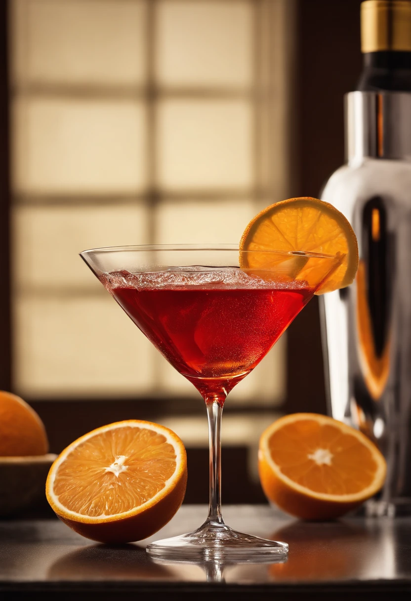 "Use the SeeArt tool to create an exceptional poster showcasing a cocktail "Cosmopolitain" Red served in a well-chilled martini cocktail glass, Ice-free, with an orange zest as a garnish. Appliquez des filtres pour rendre le verre, le cocktail, and orange zest as realistic as possible. Make sure the martini glass appears to be at the ideal temperature, subtly reflecting condensation.

Optimize the quality of textures and reflections to give the martini glass a crystal clear look. Use an elegant background that evokes the sophisticated vibe associated with the "Cosmopolitain". The goal is to create a visually captivating poster that showcases the cocktail's distinctive color, Orange zest as an attractive decorative element, and gives the impression that the cocktail is ready to be enjoyed with striking realism, while capturing the essence of Martini elegance.