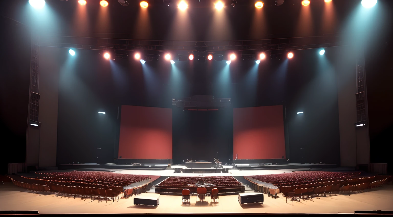 (best quality, high resolution, realistic:1.37), panoramic view, concert stage, deserted stage after the performance, drums at the center of the stage, large speakers on the left and right, guitar amps, bass amps, lively atmosphere of a live house, dazzling lighting, vibrant colors, excited audience seen from behind, immediate proximity to the stage.