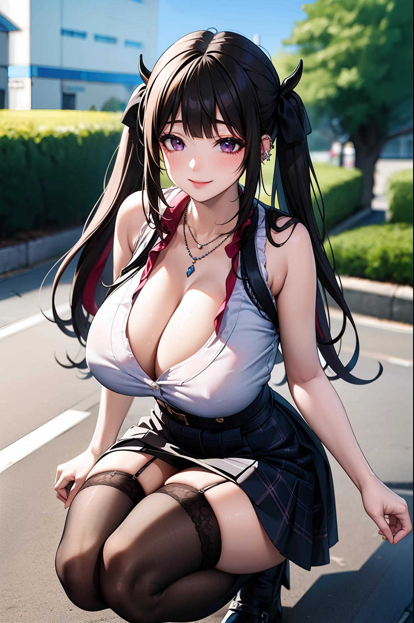 masterpiece, best quality, highres, hs1, light purple eyes, wide hips, thick thighs upskirt, sleeveless, cleavage, long brown hair, twin tails, blunt bangs, streaky hair, pink shirt, black thighhighs, micro skirt, plaid skirt, red ribbon, garter straps, huge breasts, outdoors, cowboy shot, squatting, panties, smile, looking at viewer, thick thighs, jirai kei, street view, sakura, succubuss horns, necklaces, ear piercings