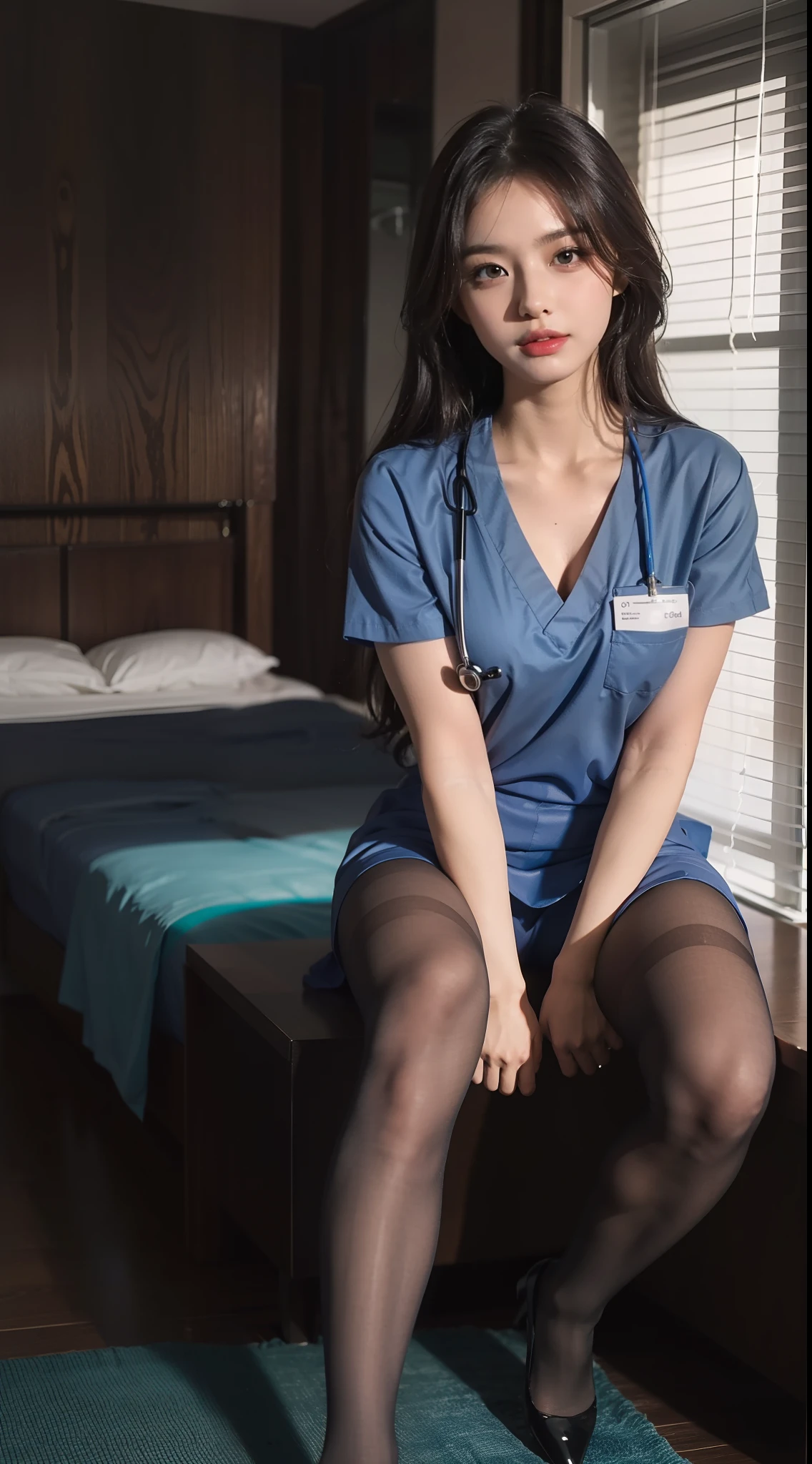 (full bodyesbian:1.5),(1girll:1.3),(view the viewer:1.4),(anatomy correct:1.4),(Wear a nurse suit:1.2),(Opaque pantyhose:1.3),( Girls pointed-toe thick heels :1.1),(Accurate and perfect face:1.3),(Long legs:1.3),hyper HD, Ray traching, reflective light, structurally correct, Award-Awarded, High detail, Fade shadow contrast, Face lighting ,Cinematic lighting, Masterpiece, super detailing, High quality, High detail, Best quality, 16k,High contrast,The background is a construction site:1.5 White skin:1.3 Wear a short skirt:1.3 Lie in bed:1.5