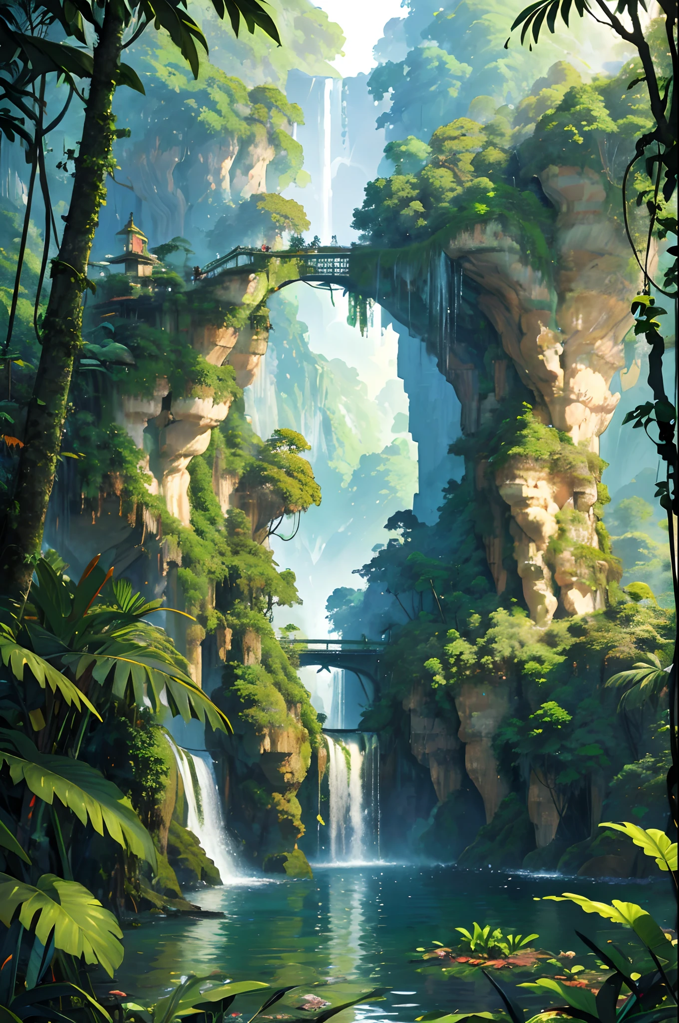 (best quality,highres,masterpiece:1.2),ultra-detailed,realistic,photorealistic:1.37,colorful,beautiful jungle,expansive, lush greenery,towering trees,calm atmosphere,majestic waterfalls,exotic wildlife,misty atmosphere,serene ponds,abundant flora and fauna,natural diversity,romantic sunset,soft sunlight filtering through leaves,tranquil ambiance.