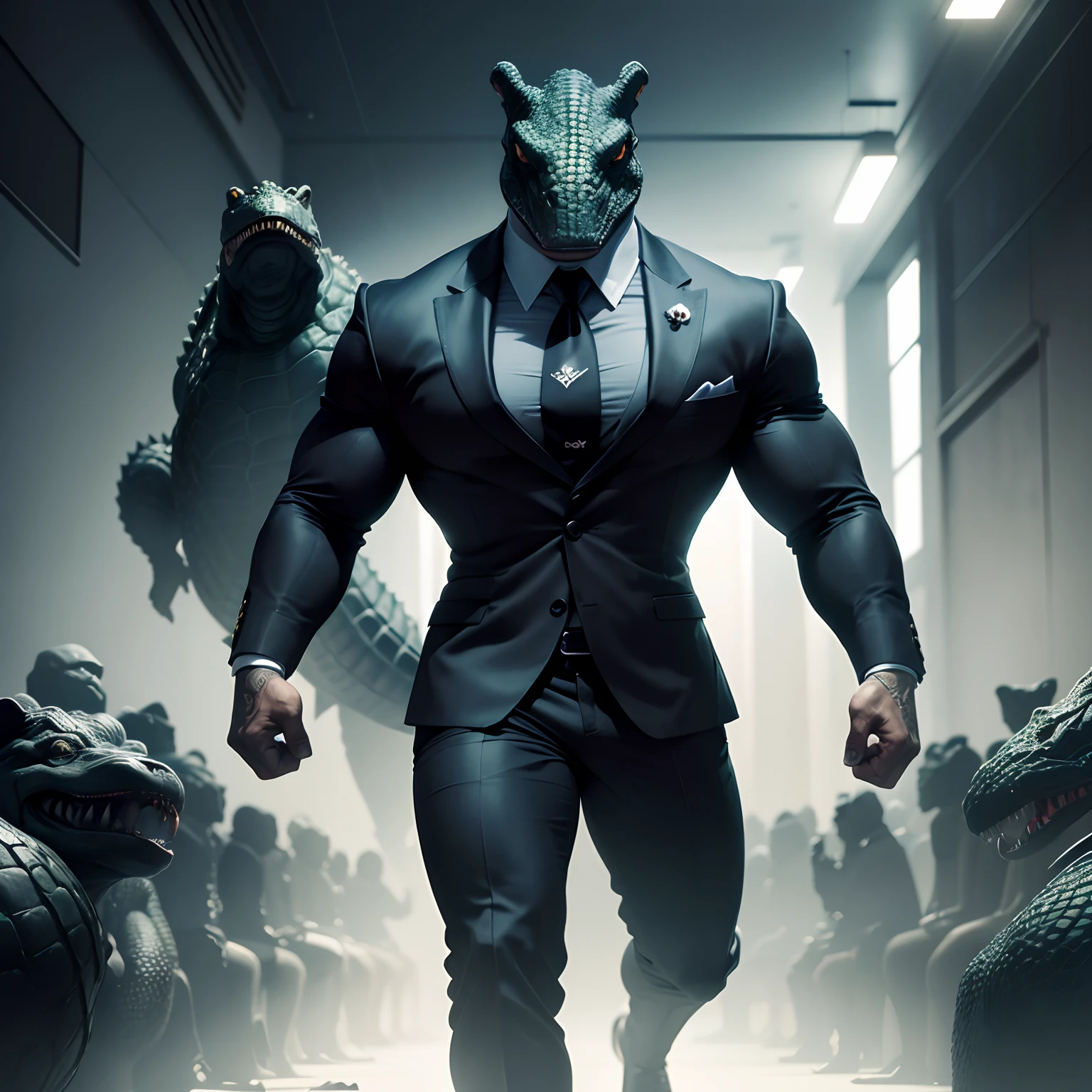 Humanoid  crocodile muscled ,  with a crocodile's head black with  a tail with 2 huge arms ,  in suit with a tie , full body