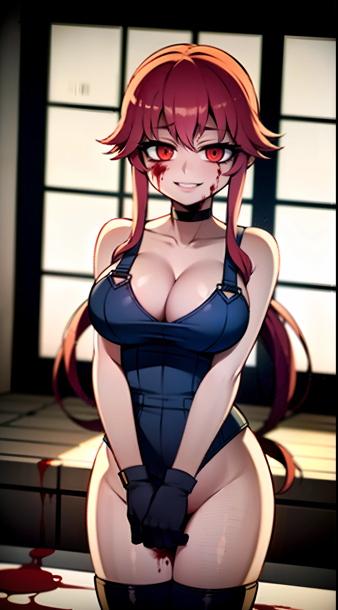 yuno gasai, long hair, pink hair, low twintails, smile, naked, red eyes, (large breasts:1.5),1girl, black choker, dark grey, overalls, leather gloves, black boots, (window behind her with the moonlight;1.5) shining through, (blood on floor:1.5), (blood on body:1.5), (evil eyes:1.4)