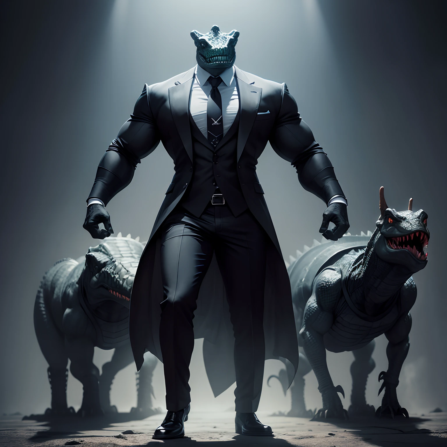 Humanoid  crocodile muscled ,  with a crocodile's head black with  a tail with 2 huge arms ,  in suit with a tie , full body