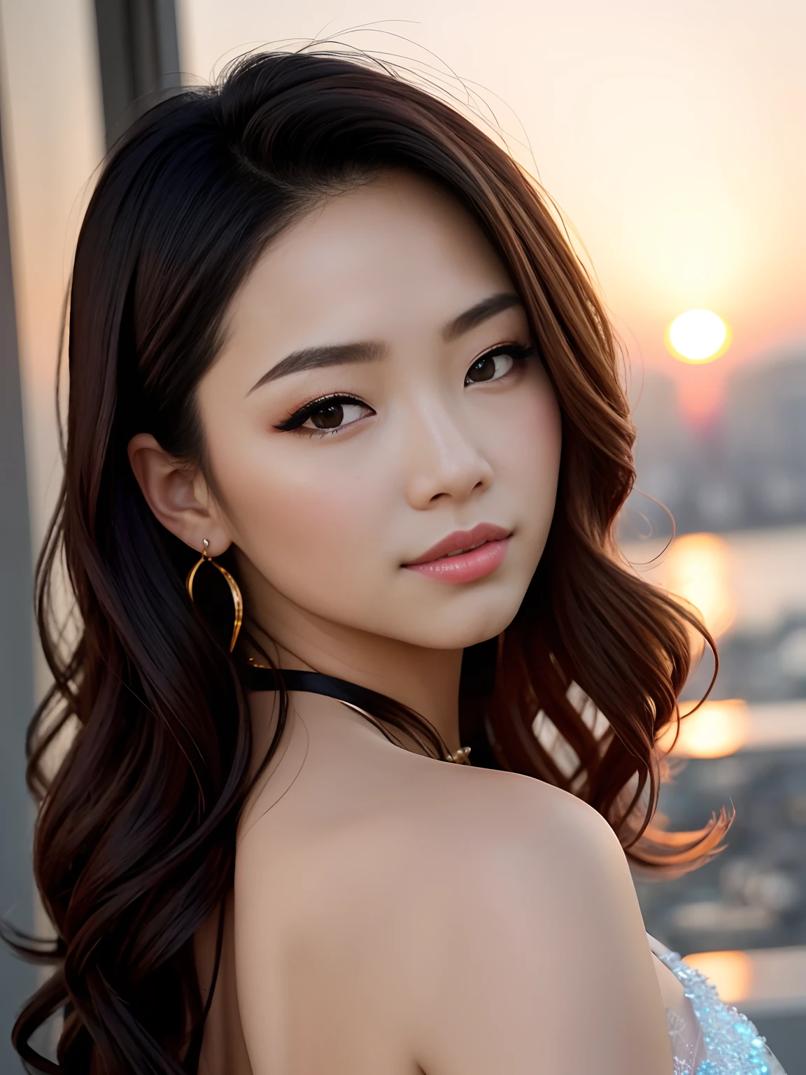 Beautiful criminal woman watching viewers, Bob Hair,Sunset on background, masterpiece, a high chroma, top-quality, floating, dynamic ungle, looking at the viewers, Clean face, Flowing hair, delicate and beautiful eyes, Fine skin, Soft lighting, foco nítido, A detailed face, 4K, 电影灯光