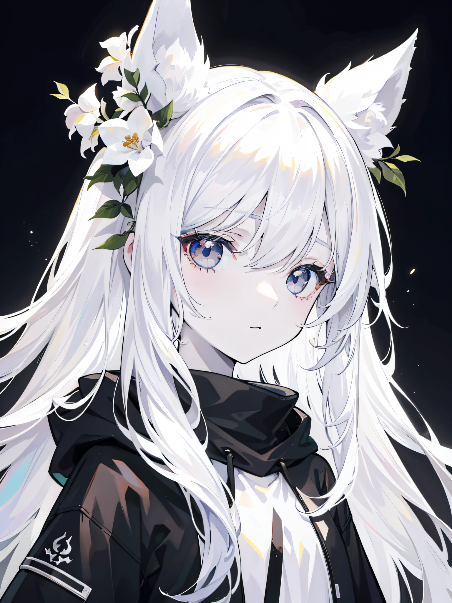 Pale skin, White hair, Black hoodie, White flowers, flowers in head, double tails, , Solo,{{Best quality}}, {{Masterpiece}}, {{Ultra-detailed}}, {illustration}, {Detailed light}, Black eyes,Long hair,