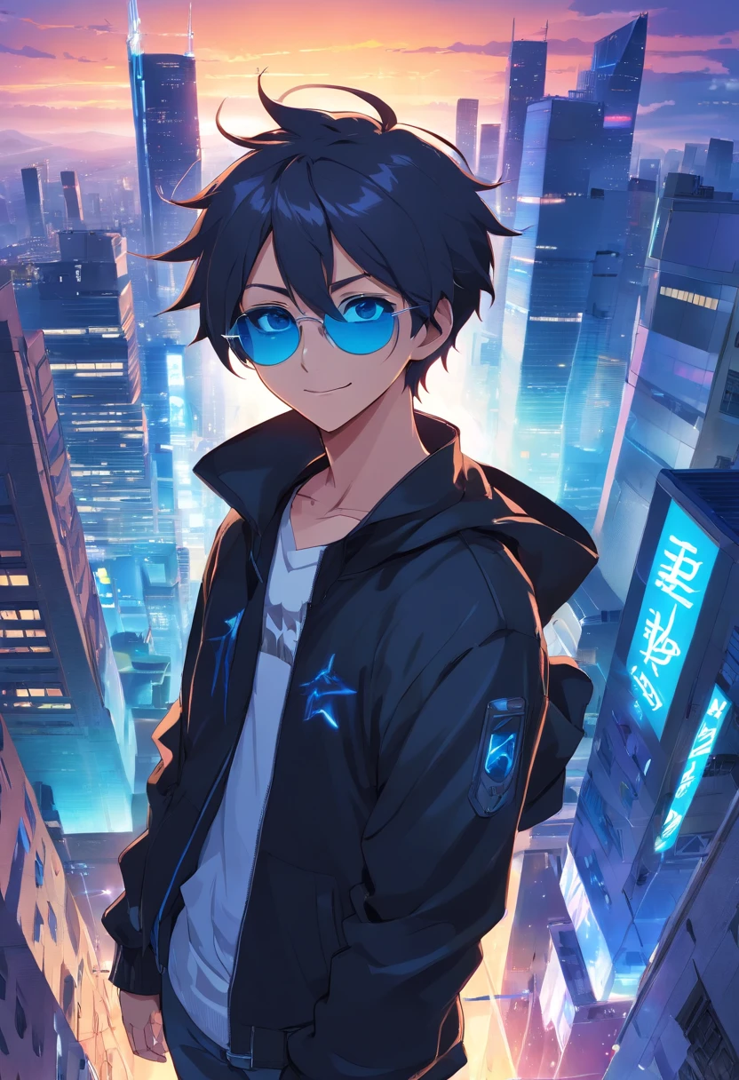 An anime man, dressed in black, black jacket zip up,white undercut spiky hair, blue eyes, sunglasses, standing on top of a building smiling, dazzling blue light, Sparks of blue light circled the body, dynamic light effects, impressive aura, City background, full of building light,