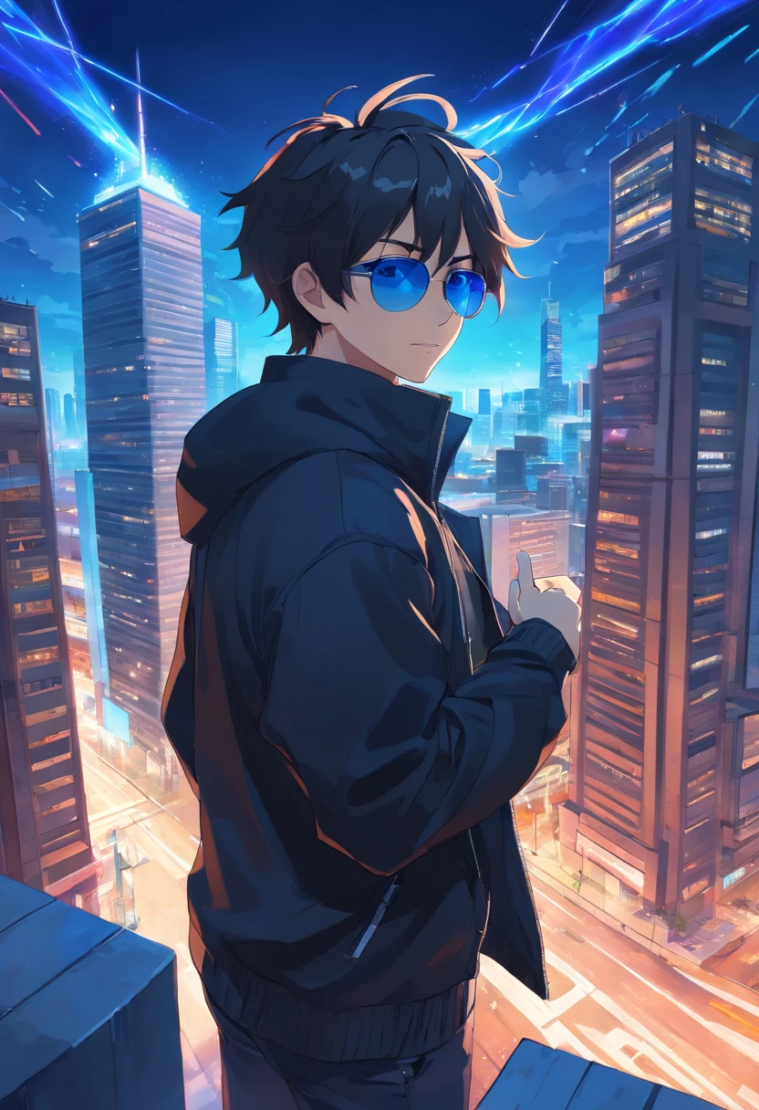 An anime man, dressed in black, black jacket zip up,white undercut spiky hair, blue eyes, sunglasses, standing on top of a building smiling, dazzling blue light, Sparks of blue light circled the body, dynamic light effects, impressive aura, City background, full of building light,