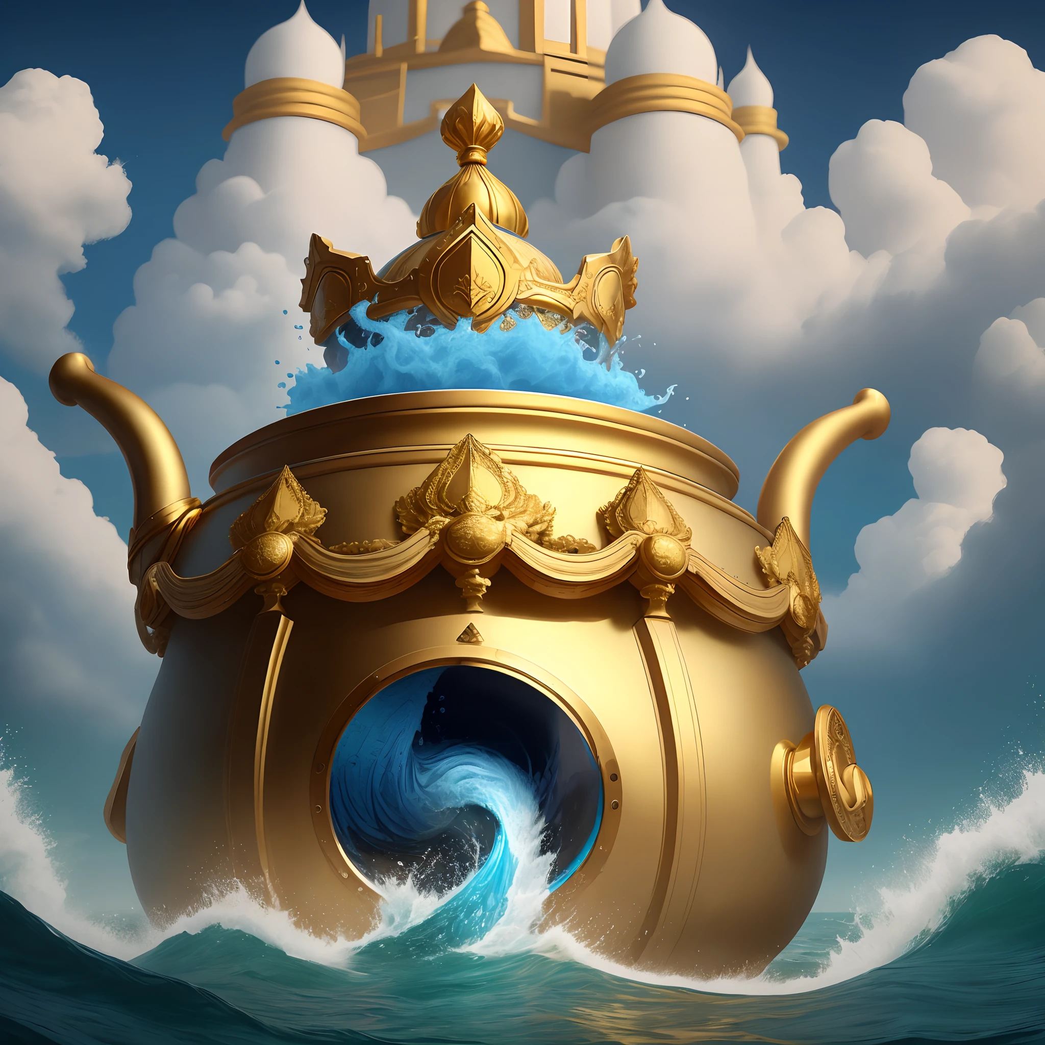 A huge golden pot mid in the sea,with blue poison,vaporise, hindu kings running away from it