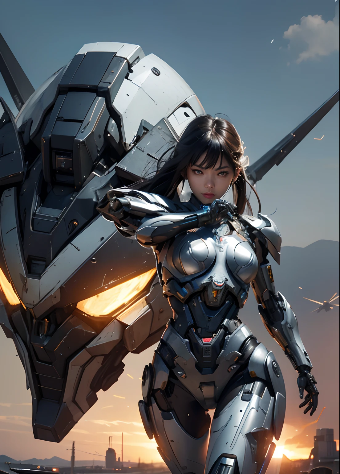 Textured skin, Super Detail, high details, High quality, Best Quality, hight resolution, 1080p, hard disk, Beautiful,(cyborgs),beautiful cyborg woman,Mecha Cyborg Girl,Battle Mode,Girl with a Mecha Body,She wears a battle cyborg mech with a weapon,Fulll body Shot
