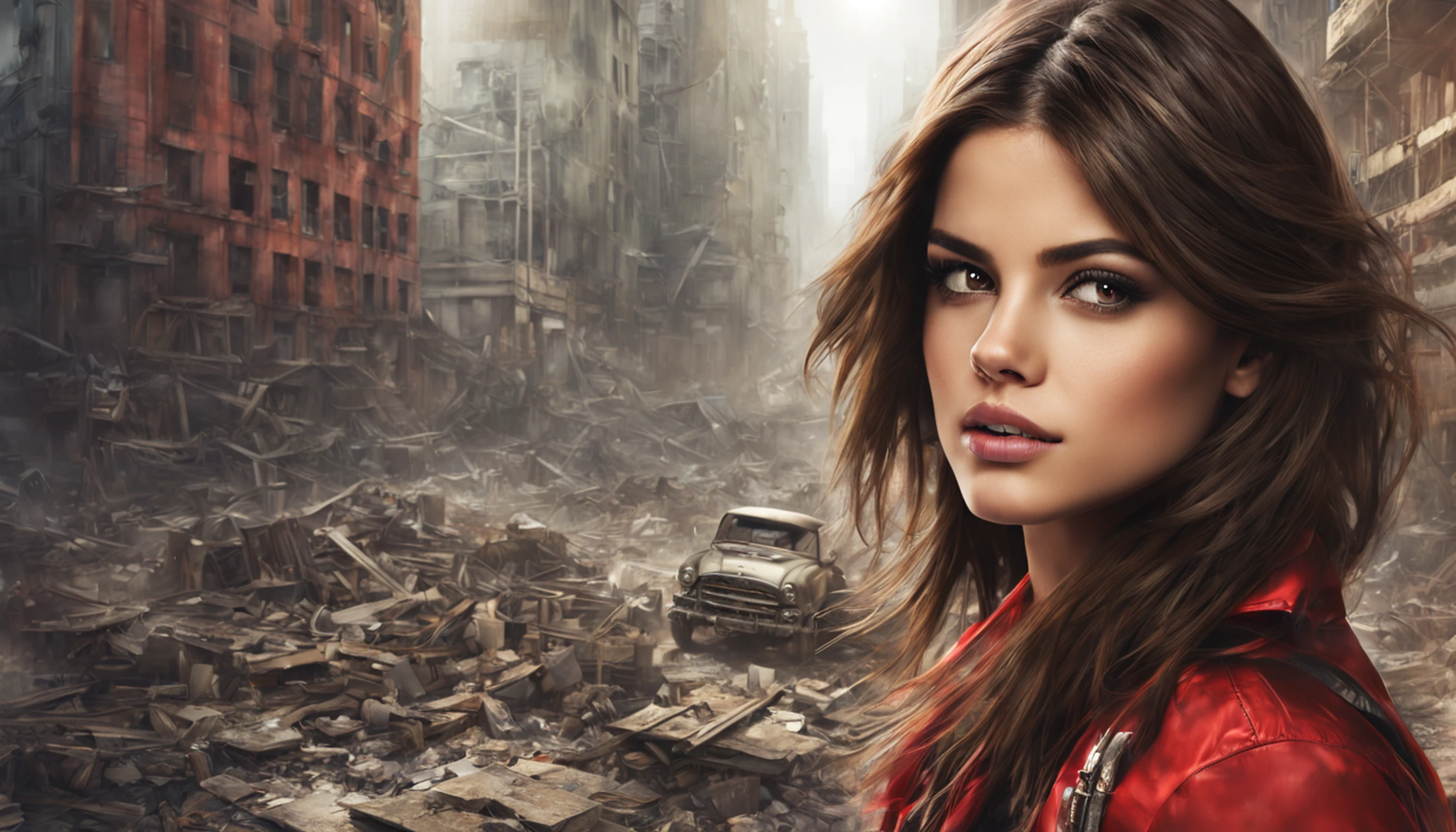 Motor irreal:1.4,UHD,melhor qualidade:1.4, fotorrealista:1.4, textura da pele:1.4, obra prima:1.8,obra-prima, melhor qualidade,Selena Gomez em traje de Mulher-Maravilha, (Cabelos compridos:1.4), (minissaia vermelha:1.4), Apocalyptic Destroyed City Background, (CyberpunkAI:1.4),(Beautiful and detailed eye description),(mulher-maravilha:1.4)