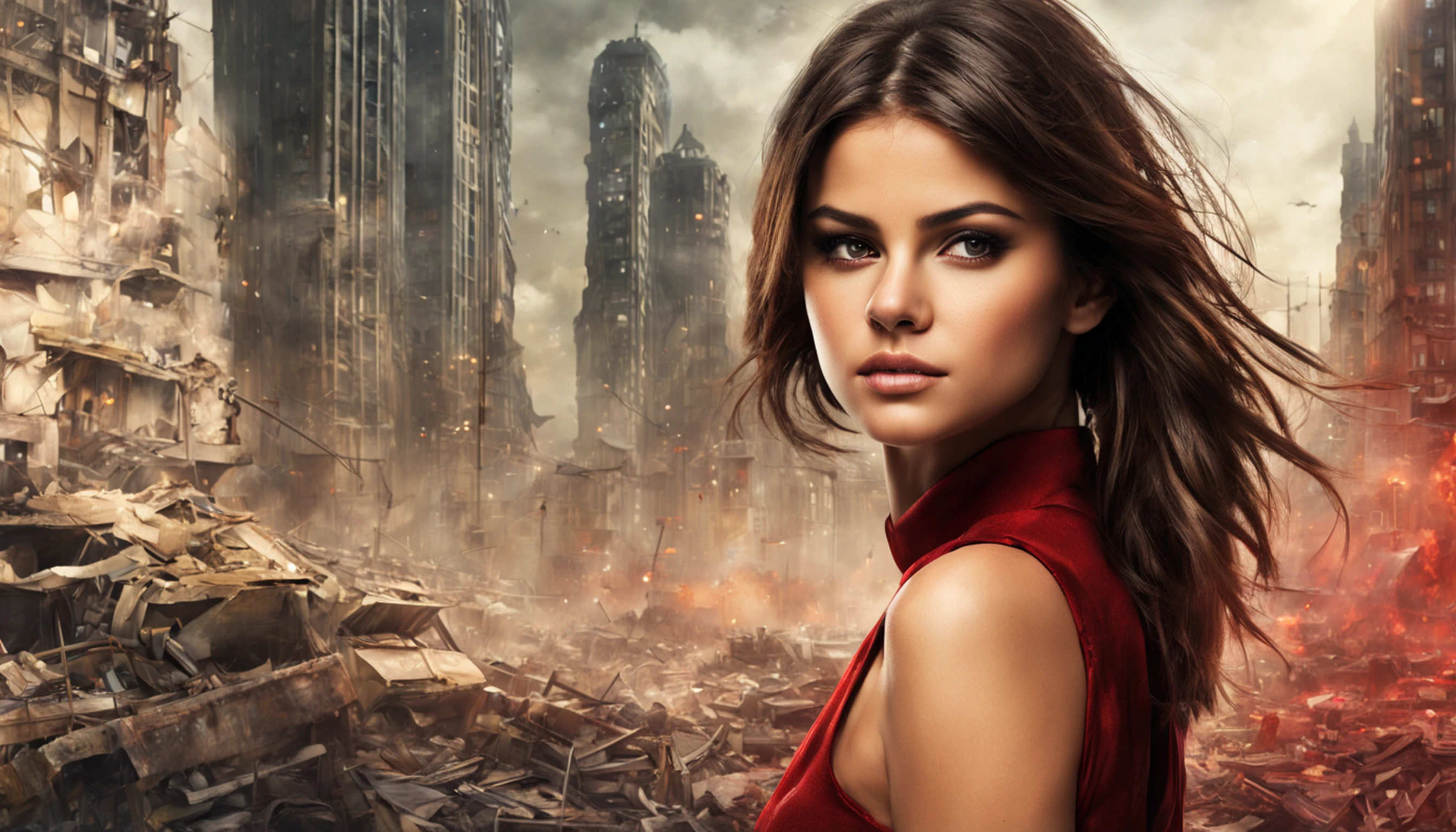 Motor irreal:1.4,UHD,melhor qualidade:1.4, fotorrealista:1.4, textura da pele:1.4, obra prima:1.8,obra-prima, melhor qualidade,Selena Gomez em traje de Mulher-Maravilha, (Cabelos compridos:1.4), (minissaia vermelha:1.4), Apocalyptic Destroyed City Background, (CyberpunkAI:1.4),(Beautiful and detailed eye description),(mulher-maravilha:1.4)