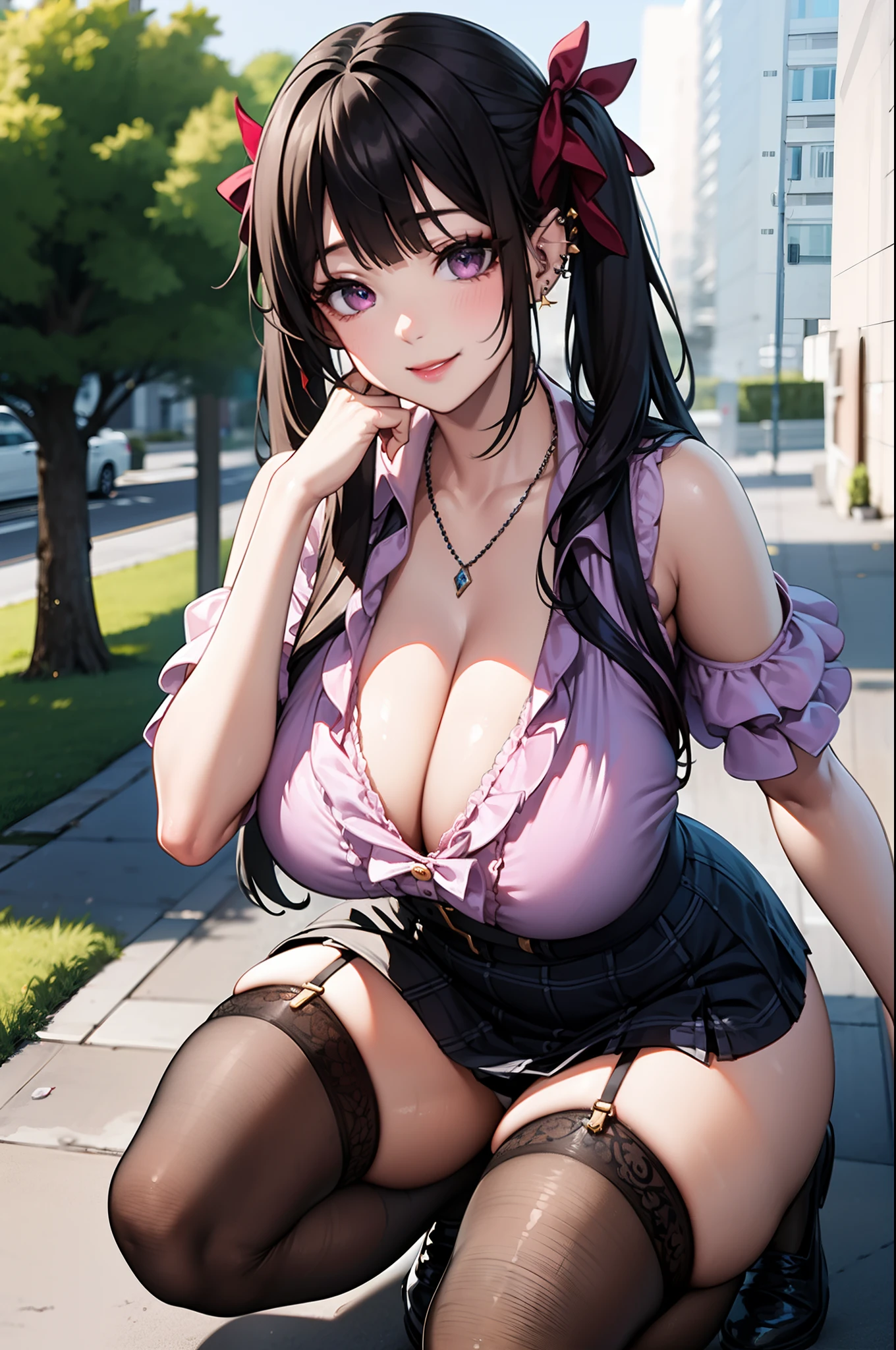 masterpiece, best quality, highres, hs1, light purple eyes, wide hips, thick thighs upskirt, sleeveless, cleavage, long brown hair, twin tails, blunt bangs, streaky hair, pink shirt, black thighhighs, micro skirt, legs apart, plaid skirt, red ribbon, garter straps, huge breasts, outdoors, cowboy shot, squatting, panties, smile, looking at viewer, thick thighs, jirai kei, street view, sakura, succubuss horns, necklaces, ear piercings