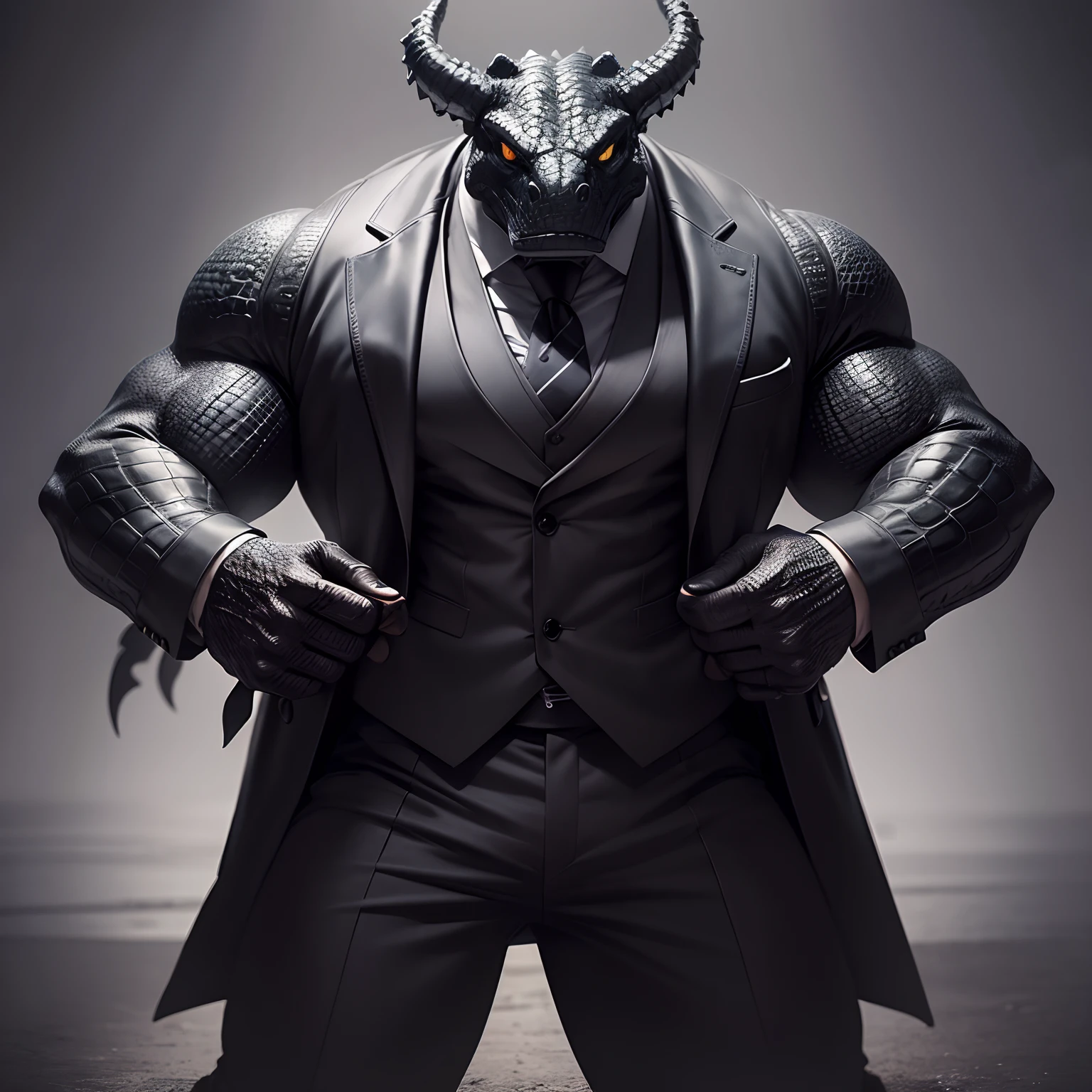 Humanoid crocodile muscled , with a crocodile's head black with a tail with 2 huge arms , in suit with a tie , full body