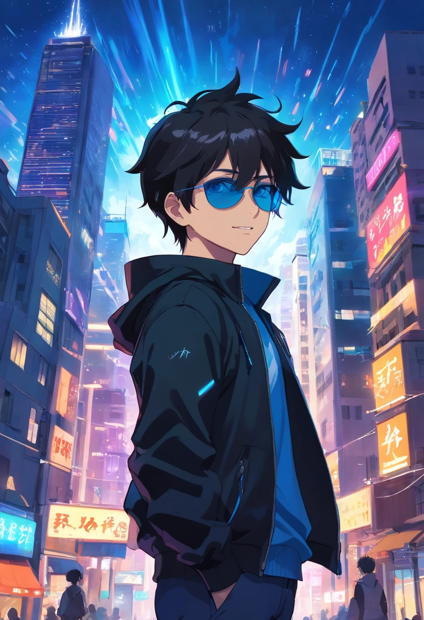 An anime man, dressed in black, black jacket zip up, white undercut spiky hair, blue eyes, sunglasses, standing on top of a building smiling, dazzling blue light, Sparks of blue light circled the body, dynamic light effects, impressive aura, City background, full of building light,