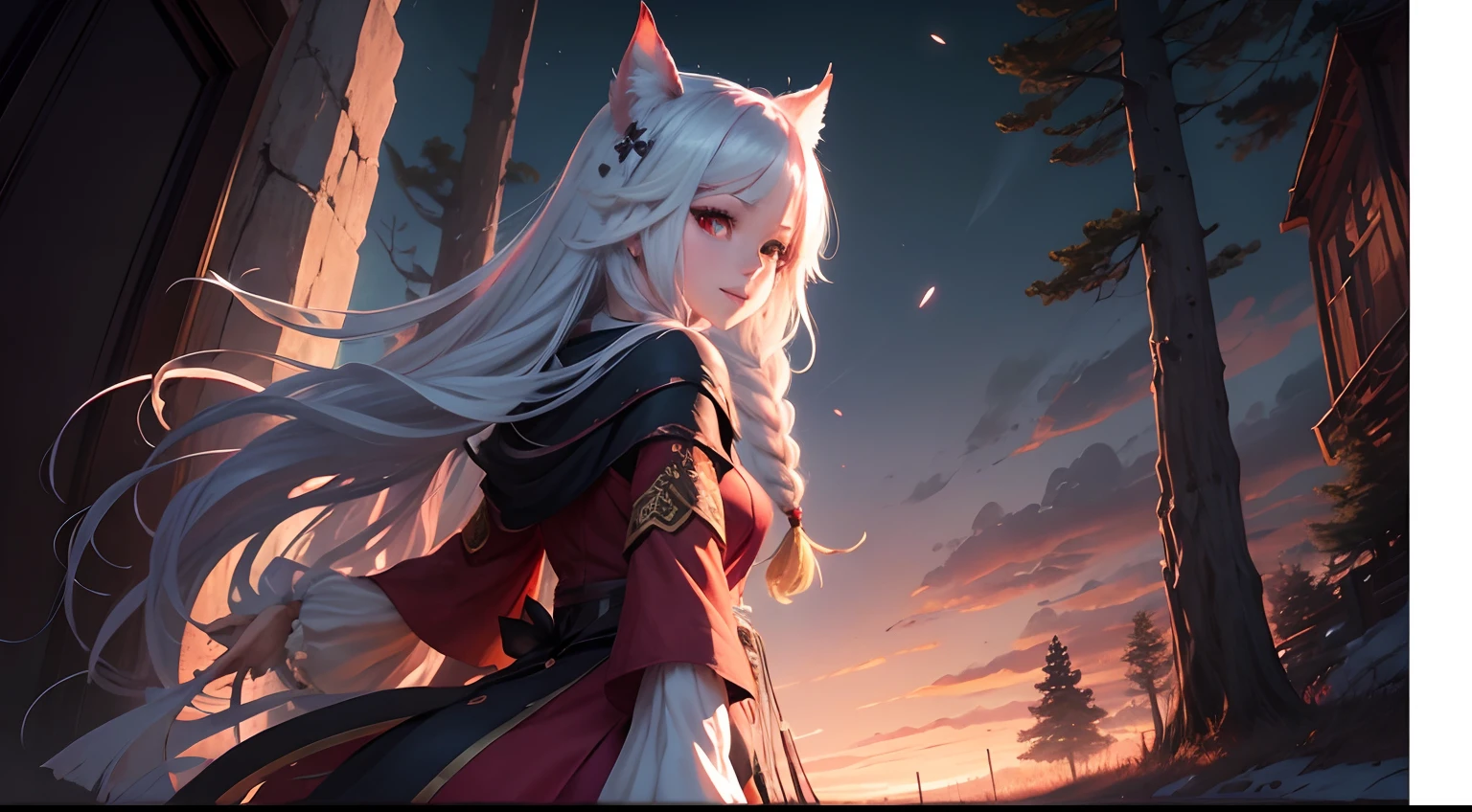 Red Eyes, high resolucion, (Official Art, Beautiful and aesthetic: 1.2), Close the view, A vast world, girl, running, Refreshing smile, Distant horizon, woods, natural beauty, inspirational, lighting effects, ahri, silver hair, league of legends,the anime ,anime eyes, ,Red Ribbon, shaman, full shot, Mild, Sketch Extensive background, A Gumiho, French Braids hair