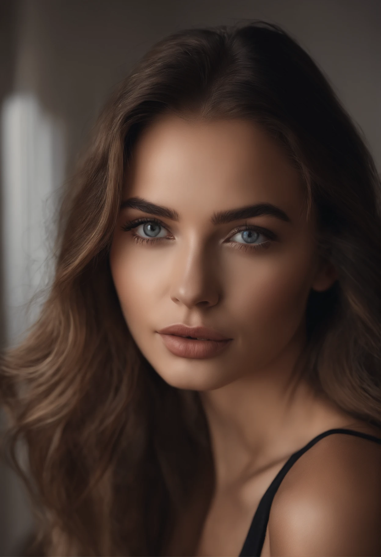 Arafed woman completely , fille sexy aux yeux bruns, ultra realist, Meticulously detailed, Portrait Sophie Mudd, cheveux bruns et grands yeux, selfie of a young woman, Yeux de chambre, Violet Myers, sans maquillage, maquillage naturel, looking straight at camera, Visage avec Artgram, Maquillage subtil, Great photo of the whole body kneeling on the bed, dans la chambre, Medium to large bust