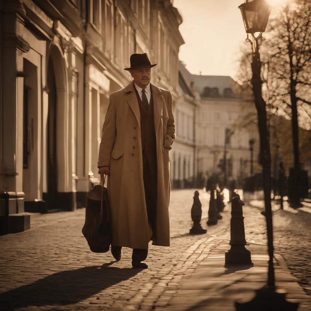(best quality,4K,hight resolution,Meisterwerk:1.2),Ultra-detailliert,realistisch,fotorealistisch:1.37,A bank robber in the 1950s,mit halb verdecktem Gesicht, He wears a fedora hat and a long trench coat,Taschenuhr, mit einer Waffe und einem Sack voller Geld, Er schleicht sich aus einem altmodischen Banktresor, dessen goldenes Licht ihn erhellt und dramatische Schatten wirft,Vintage-Sepia-Ton mit Kinoeffekt,Atemberaubende Komposition mit dynamischer Perspektive, Lebendige und farbenfrohe Landschaft, Oldtimer vor der Bank geparkt,People on the street are amazed.