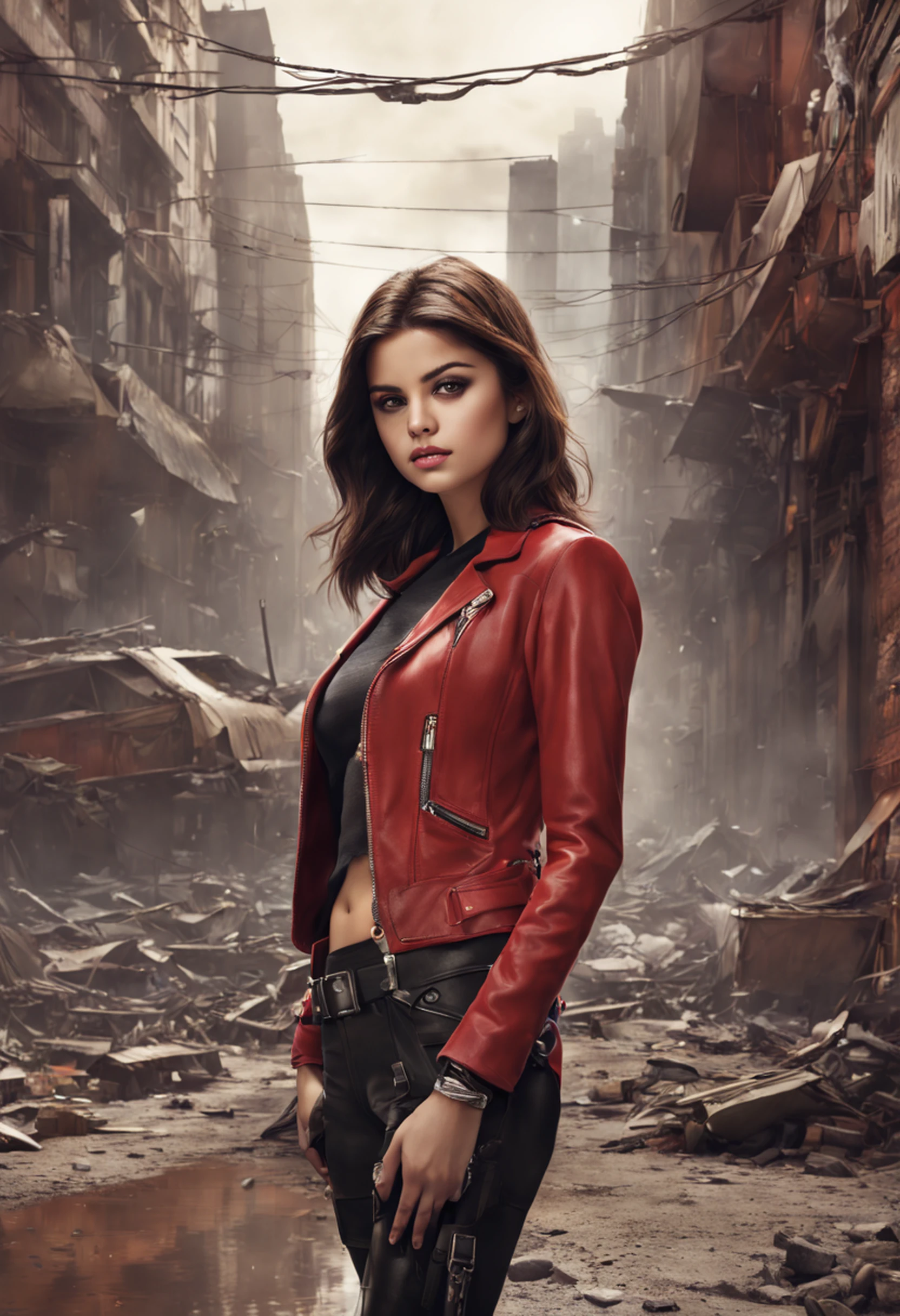 Motor irreal:1.4,UHD,melhor qualidade:1.4, fotorrealista:1.4, textura da pele:1.4, obra prima:1.8,obra-prima, melhor qualidade,Selena Gomez em traje de Mulher-Maravilha, (Cabelos compridos:1.4), (minissaia vermelha:1.4), Apocalyptic Destroyed City Background, (CyberpunkAI:1.4),（Beautiful and detailed eye description）,(mulher-maravilha:1.4)