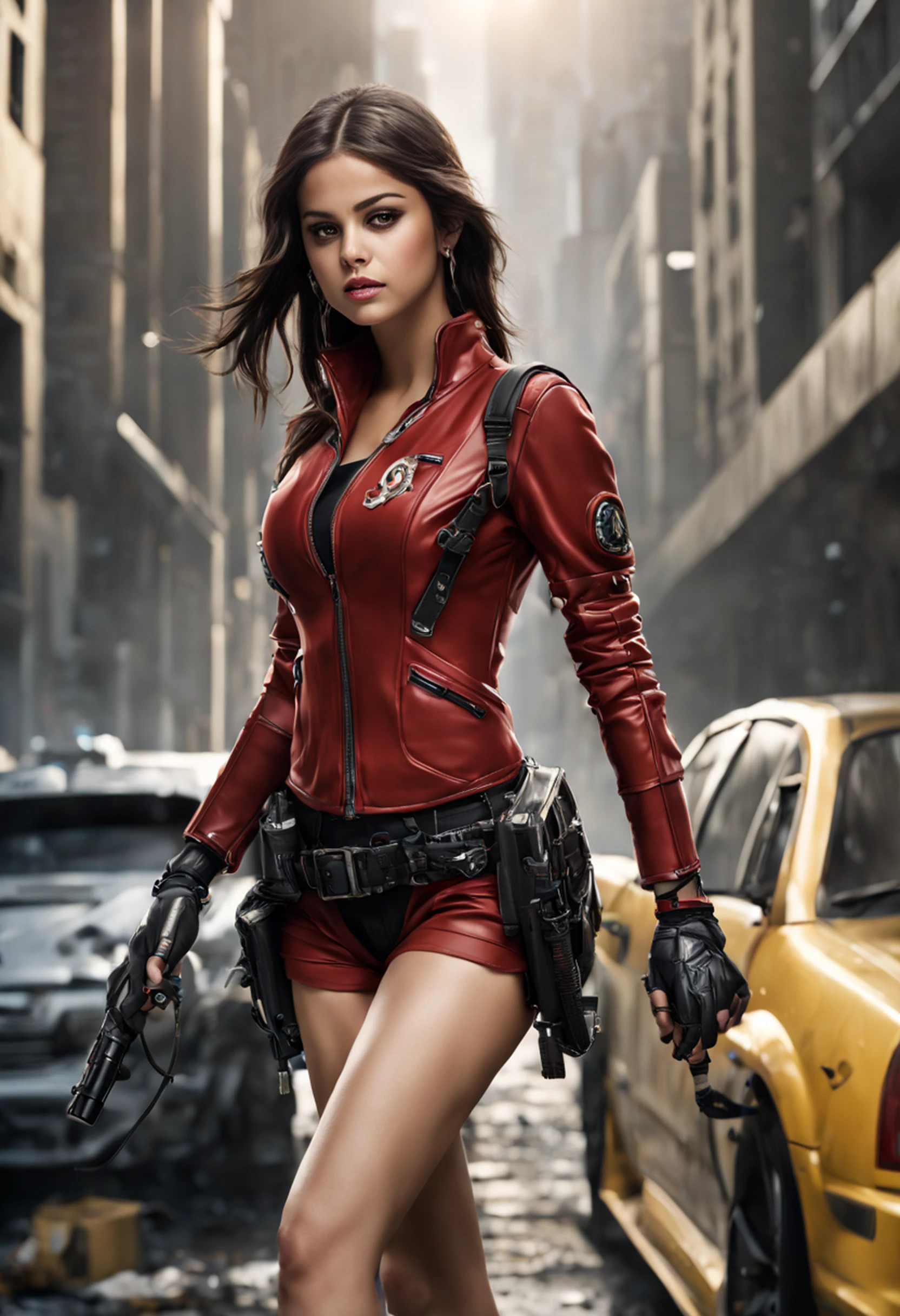 Motor irreal:1.4,UHD,melhor qualidade:1.4, fotorrealista:1.4, textura da pele:1.4, obra prima:1.8,obra-prima, melhor qualidade,Selena Gomez em traje de Mulher-Maravilha, (Cabelos compridos:1.4), (minissaia vermelha:1.4), Apocalyptic Destroyed City Background, (CyberpunkAI:1.4),（Beautiful and detailed eye description）,(mulher-maravilha:1.4)