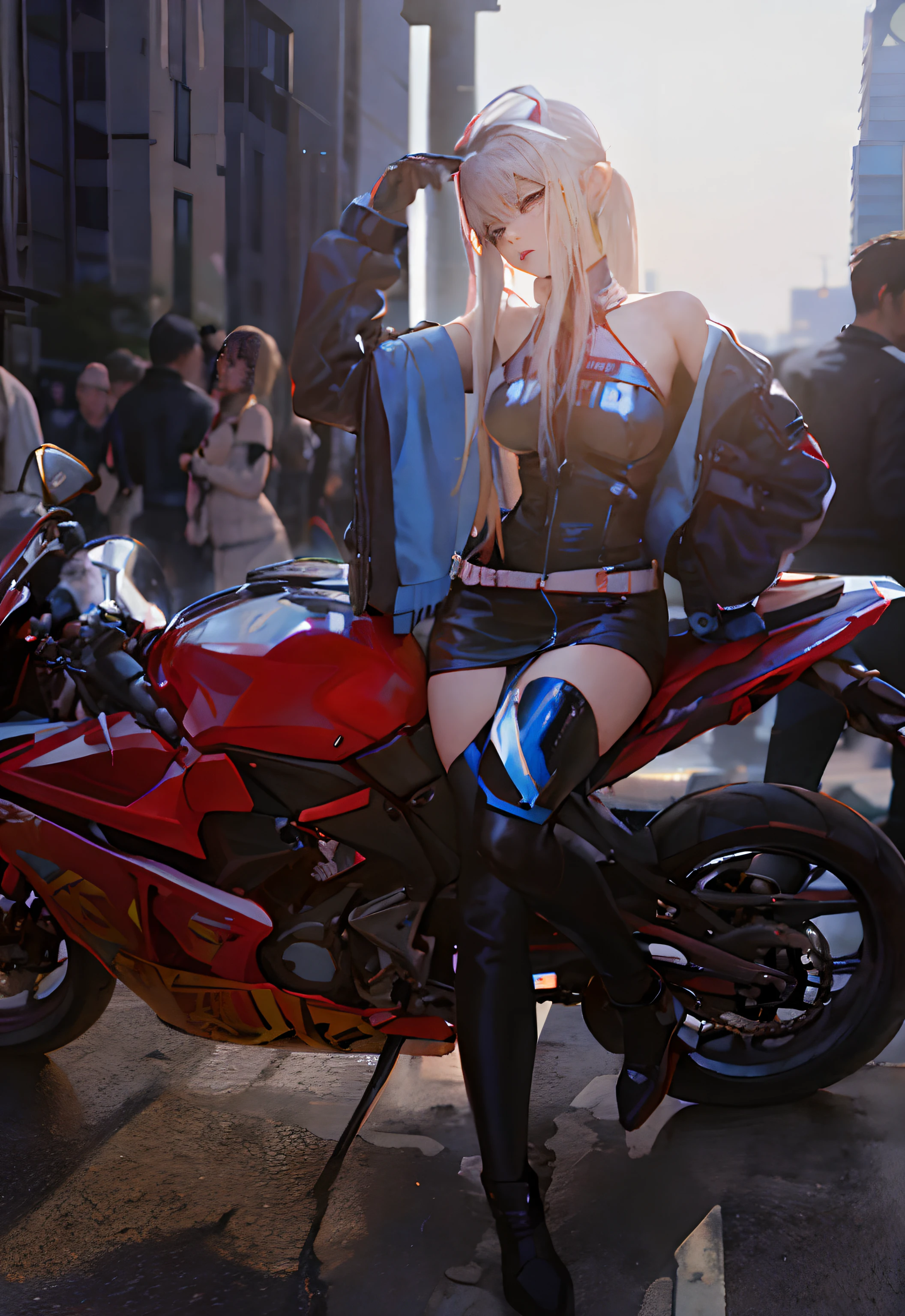 A beautiful sexy woman in underwear sitting on a motorcycle (red bike: 1.3), (white lingerie: 1.3), blonde hair, hair ribbon, arm straps, choker, sharp focus, (4k), (masterpiece), (specular lighting: 1.4), distant photo (full body)
