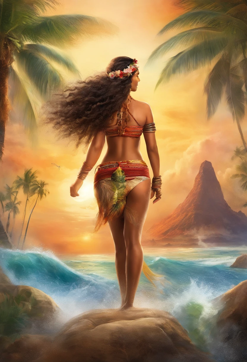 epic movie poster, volcano erupting, award winning (full body:1.3) portrait photo of a (moana:1.2), (seashell bikini:1.2), (water goddess:1.2), tribal tattoos, (wading:1.2) in the pacific (ocean:1.1), arms behind head, (partially submerged shot:1.2), (waves:0.9), desert island background, palm trees, beach,fluffy clouds in the sky, outrun, vaporware, trending on artstation, highly detailed, fine detail, intricate, (lens flare:0.9), (backlighting:0.9), (bloom:0.9), [Style-Micro::10]