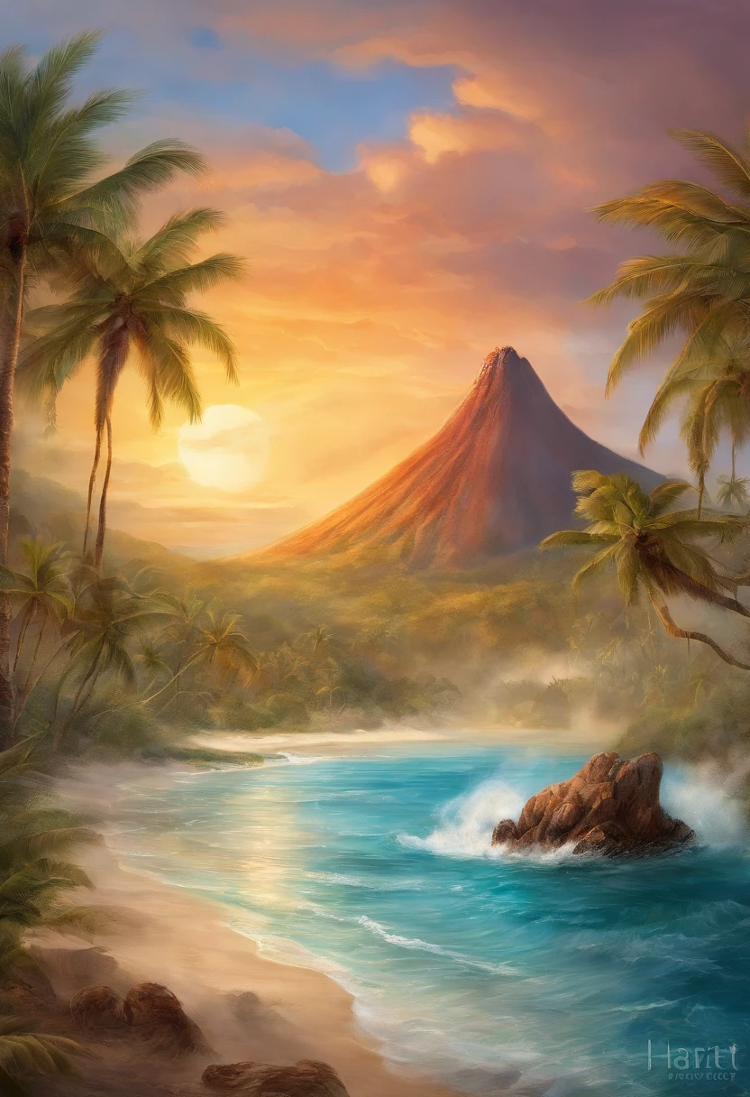 epic movie poster, volcano erupting, award winning (full body:1.3) portrait photo of a (moana:1.2), (seashell bikini:1.2), (water goddess:1.2), tribal tattoos, (wading:1.2) in the pacific (ocean:1.1), arms behind head, (partially submerged shot:1.2), (waves:0.9), desert island background, palm trees, beach,fluffy clouds in the sky, outrun, vaporware, trending on artstation, highly detailed, fine detail, intricate, (lens flare:0.9), (backlighting:0.9), (bloom:0.9), [Style-Micro::10]