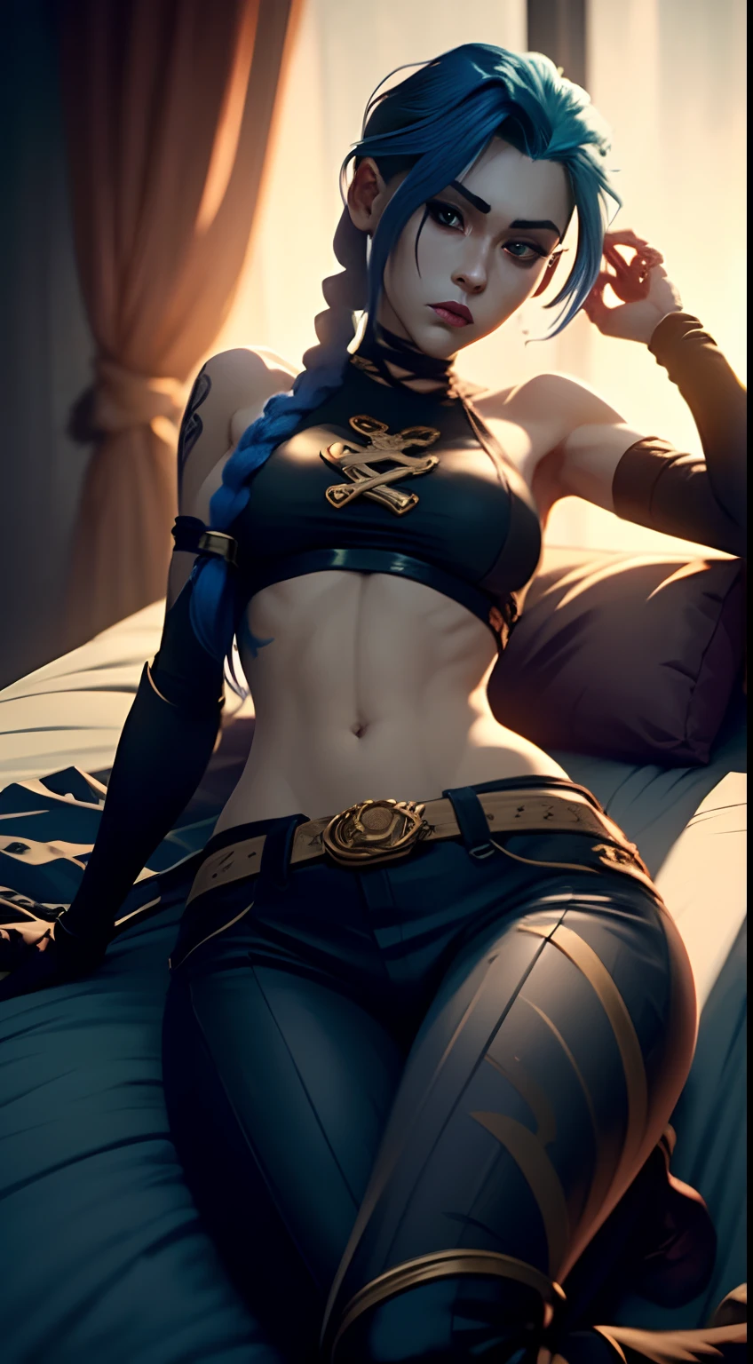 Jinx's character design, lying naked, lying on his back, bare breast, covers the chest with his hands, sexypose, Beautiful figure, Arcane's Jinx, Bright blue and purple sparks all around, glowing eyes, Pink glowing eyes, hairlong, hairsh, braided into long braids, Pigtails hang below the knee, Hair color changes from bright blue to navy blue, Dressed in brown breeches, Leather boots on the feet, Top with four gold circles on the chest in the middle of the chest, Blue cloud tattoos on shoulders and waist, Long bangs, hanging on the right side, Belt with cartridges on the belt, Arcane style, extremely detailed CG unity 8k wallpaper, detailed light, Cinematic lighting, chromatic aberration, glittering, expressionless, epic composition, dark in the background, Cherecter Desing, Very detailed, Detailed body, Vibrants, Detailed Face, sharp-focus, anime art, Vibrants, Detailed Face, Hugh Details, sharp-focus, Very drooping face, A detailed eye, super fine illustration, better shadow, finely detail, Beautiful detailed glow, Beautiful detailed, Extremely detailed, expressionless, epic composition,