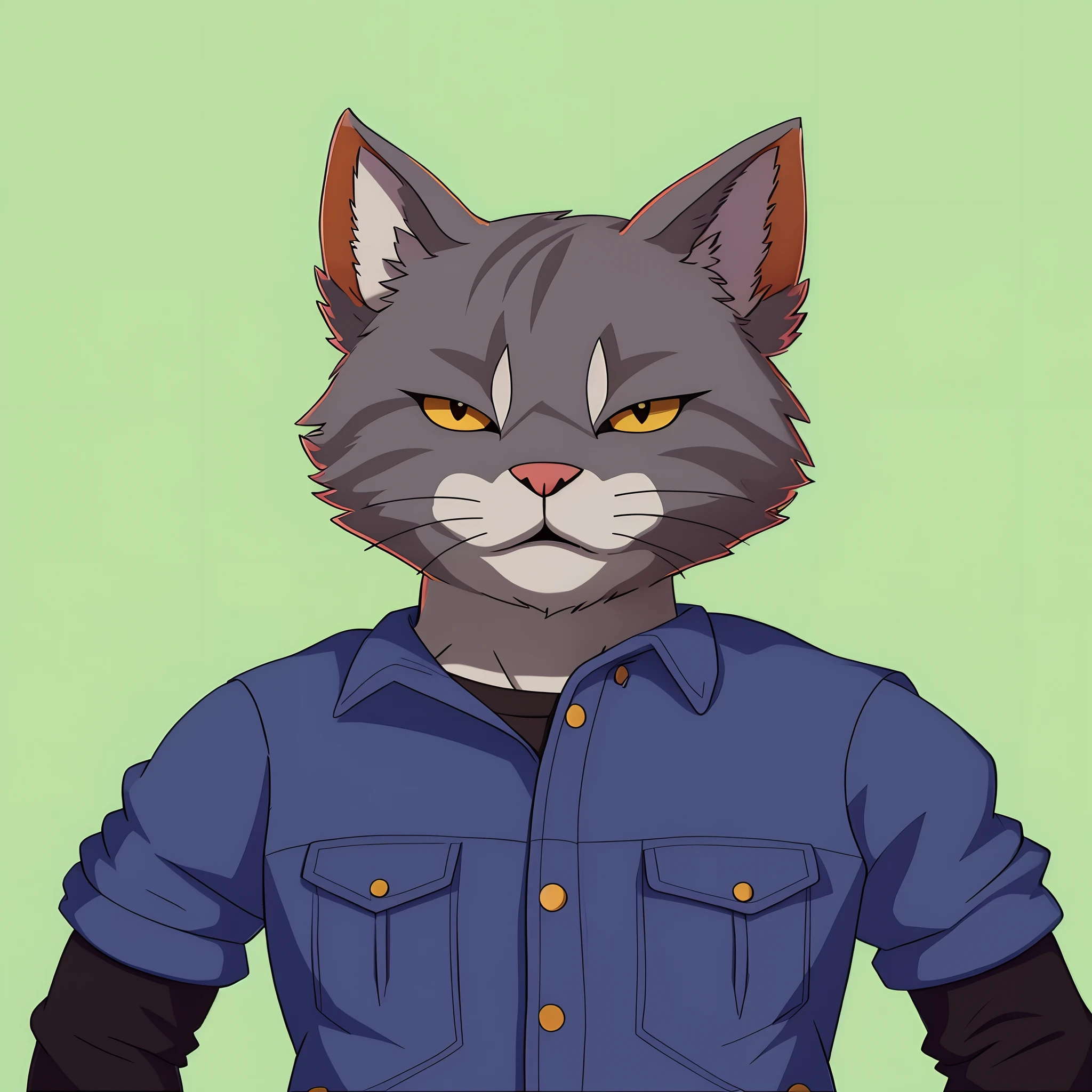 There's a cat with a blue shirt and a black vest, Retrato de personagem peludo, um Clube do Gato, personagem peludo, Clube do Gato, Personagem altamente detalhado, anthropomorphic female cat, Gatopomórfico Club, Retrato de um clube, generic furry style, bonito weasel fursona retrato, sem linha, ninja do Clube do Gatomorfo