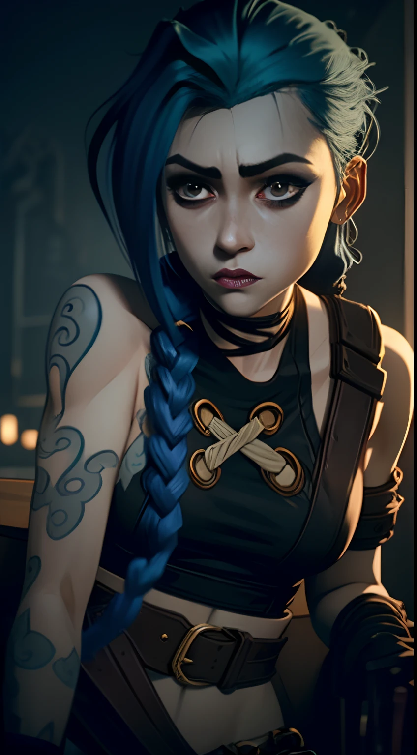 Jinx's character design, lying naked, lying on his back, bare breast, covers the chest with his hands, sexypose, Beautiful figure, Arcane's Jinx, Bright blue and purple sparks all around, glowing eyes, Pink glowing eyes, hairlong, hairsh, braided into long braids, Pigtails hang below the knee, Hair color changes from bright blue to navy blue, Dressed in brown breeches, Leather boots on the feet, Top with four gold circles on the chest in the middle of the chest, Blue cloud tattoos on shoulders and waist, Long bangs, hanging on the right side, Belt with cartridges on the belt, Arcane style, extremely detailed CG unity 8k wallpaper, detailed light, Cinematic lighting, chromatic aberration, glittering, expressionless, epic composition, dark in the background, Cherecter Desing, Very detailed, Detailed body, Vibrants, Detailed Face, sharp-focus, anime art, Vibrants, Detailed Face, Hugh Details, sharp-focus, Very drooping face, A detailed eye, super fine illustration, better shadow, finely detail, Beautiful detailed glow, Beautiful detailed, Extremely detailed, expressionless, epic composition,